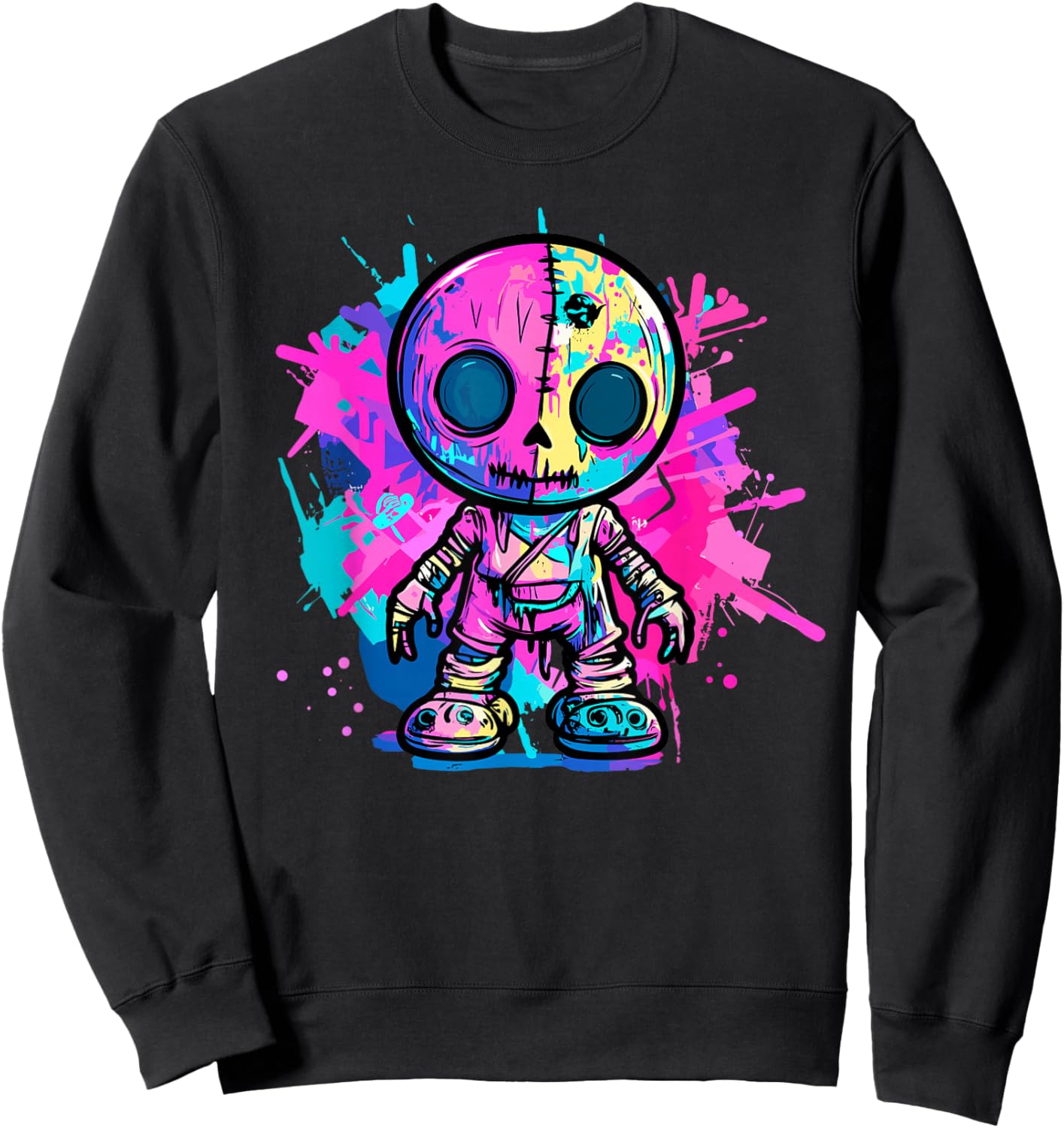 Vibrant Skull Doll Graffiti Style Sweatshirt - Sweatshirt | Black
