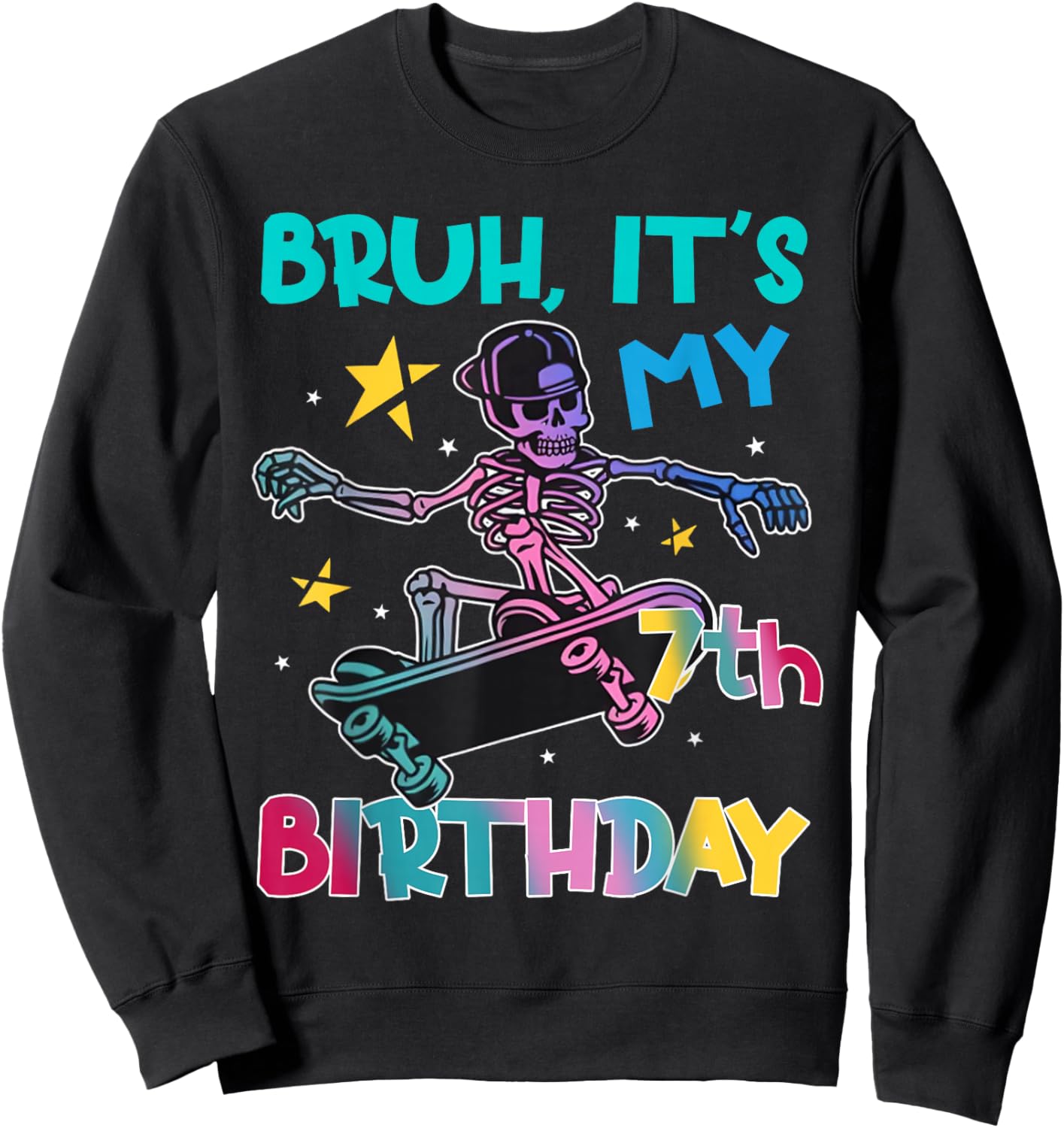7th Birthday Skeleton Skateboard Skater Boys Kids 7 Year Old Sweatshirt - Sweatshirt | Black