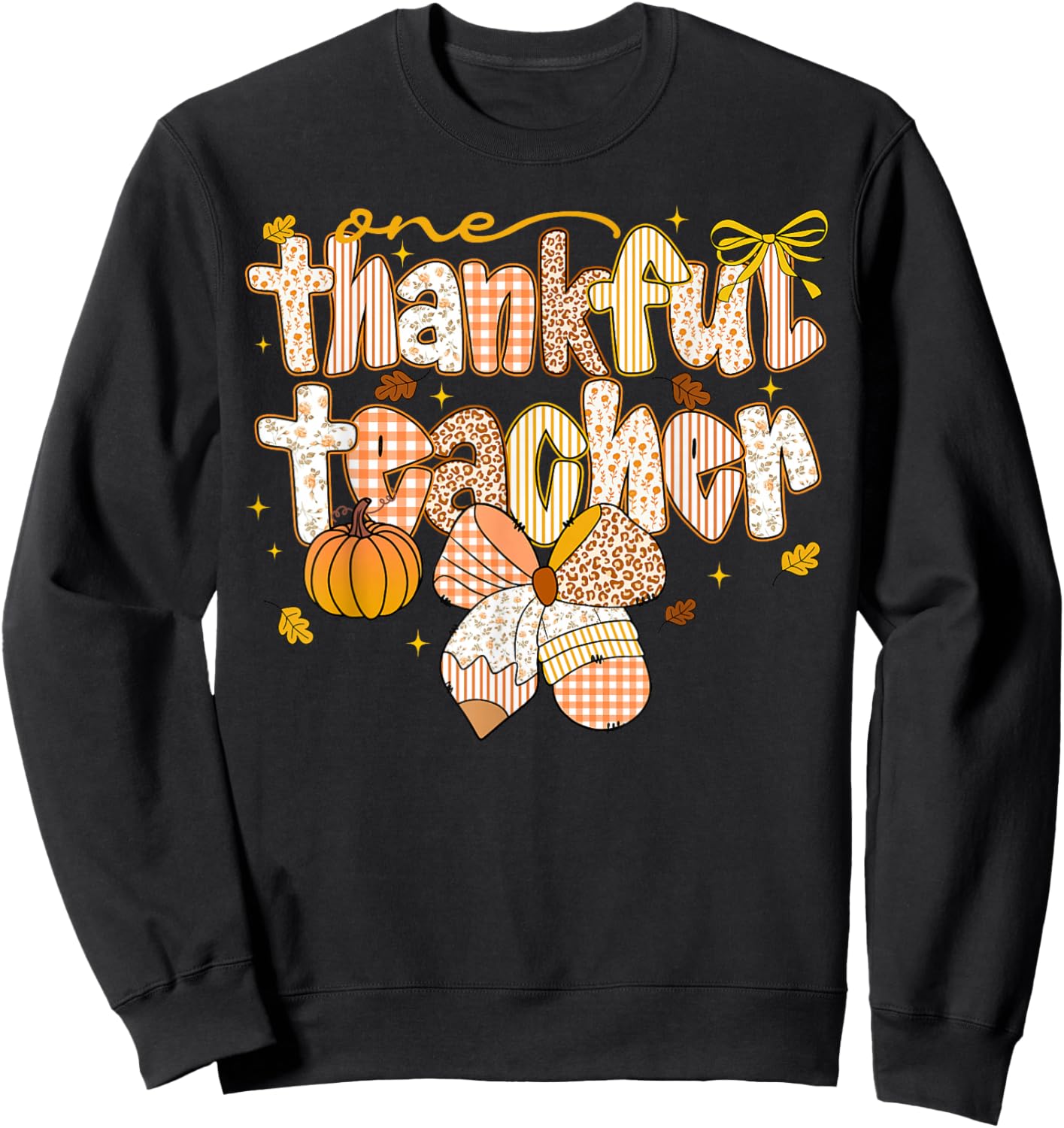 One Thankful Teacher Coquette Bow Pumpkin Thanksgiving Funny Sweatshirt - Sweatshirt | Black