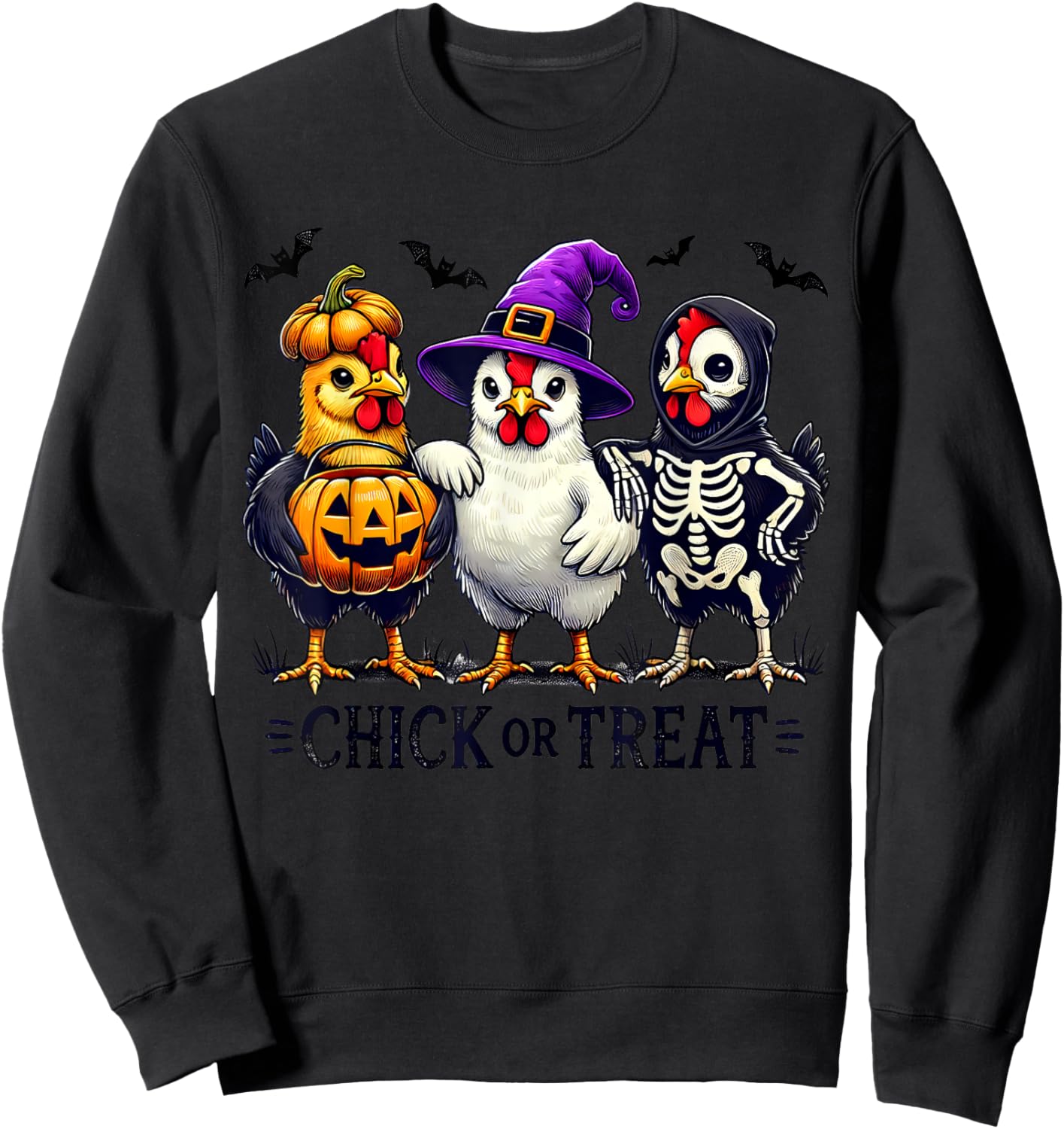 Funny Chick Or Treat Halloween Witch Spooky Chicken Pumpkin Sweatshirt - Sweatshirt | Black