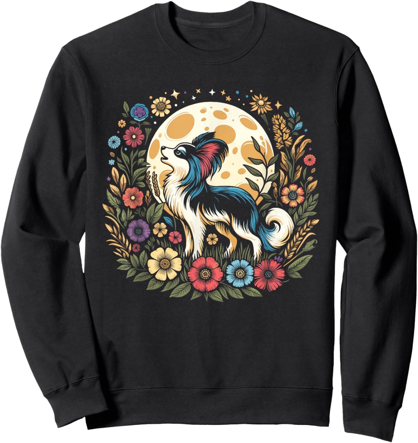 Floral Moon Papillon Dog Breed Pet - Wild Flowers Sweatshirt - Sweatshirt | Black