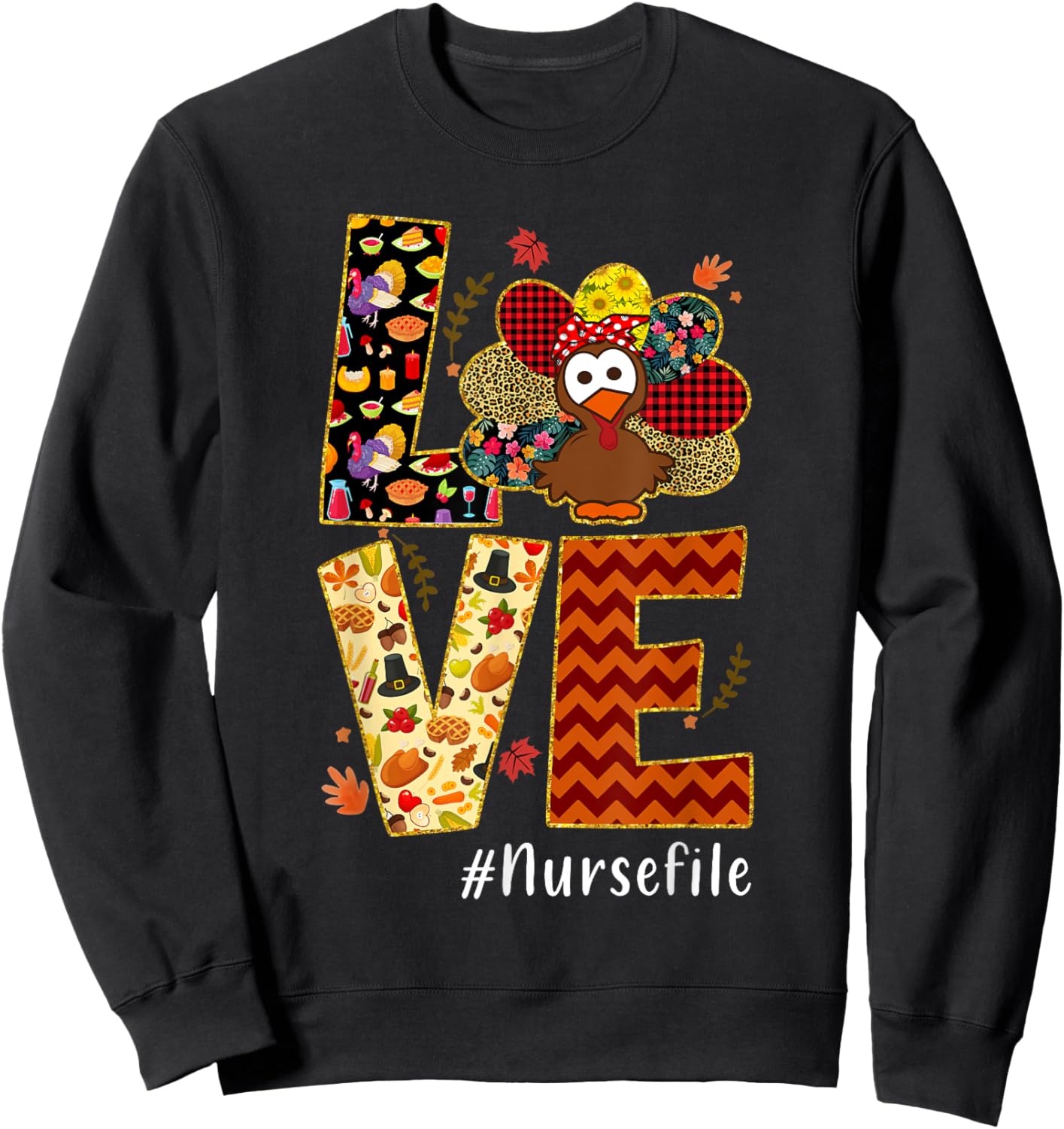 Love Turkey Nurse Thanksgiving - Love Nurse Life - -Adults & Kids - Nurses, Families, Supporters - Black - Small - Short Sleeve Sweatshirt - Sweatshirt | Black