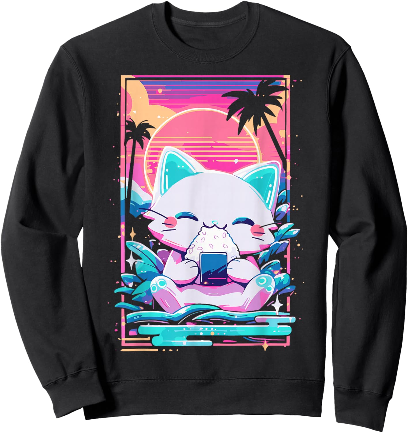 Anime Cat Eating Onigiri Japanese Sushi Cat Japan Sweatshirt - Sweatshirt | Black
