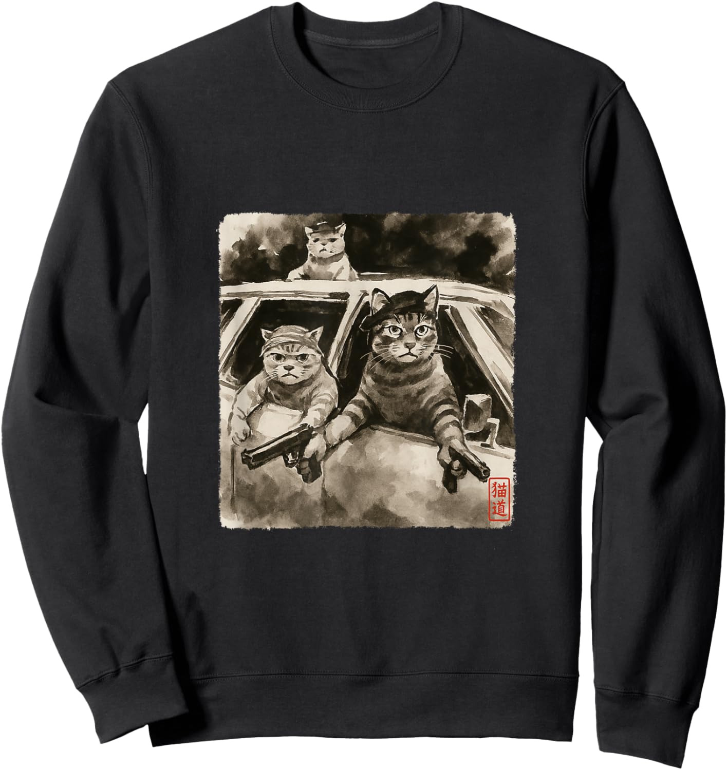 Cat Gang Meme Japanese Art Funny Gangster Cats Sumi-e Kawaii Sweatshirt - Sweatshirt | Black