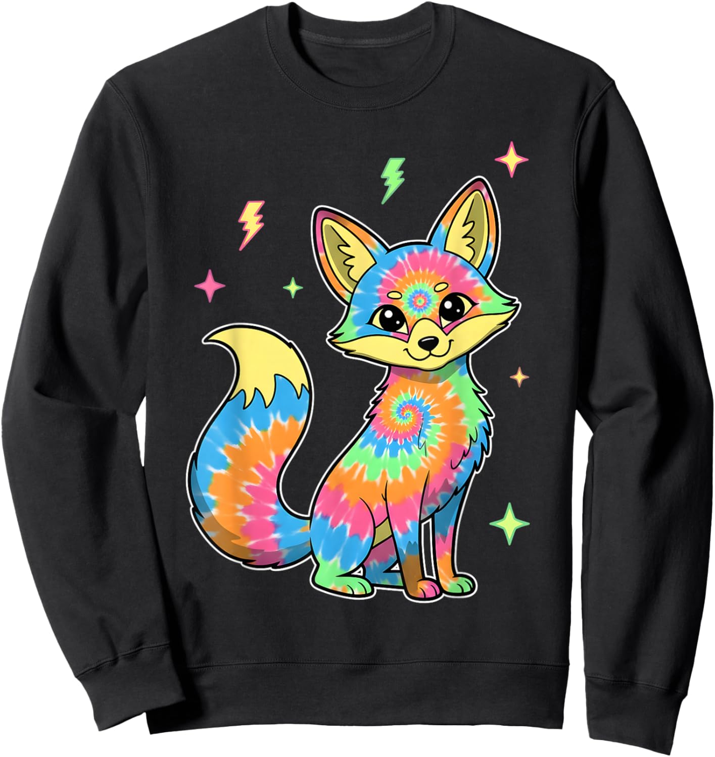 Tie Dye Fox Illustration Colorful Psychedelic Animal Sweatshirt - Sweatshirt | Black