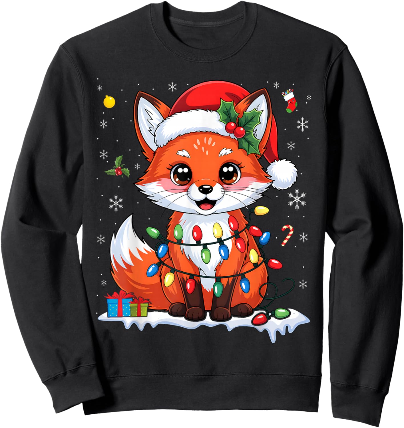 Merry Foxmas Christmas Lights Cute Fox Santa Hat Sweatshirt - Sweatshirt | Black
