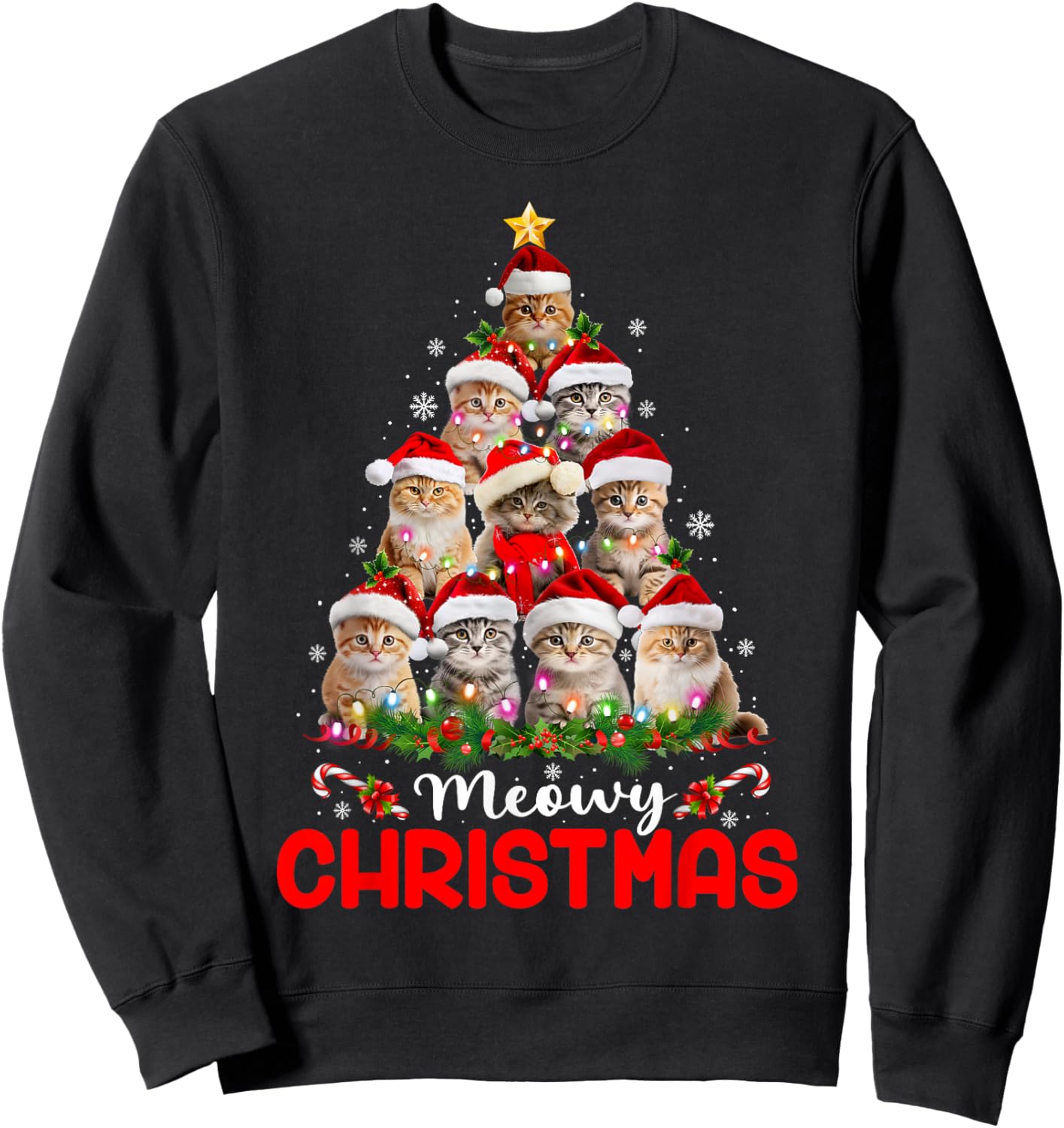 Merry Catmas Cat Christmas Tree Lights Funny Xmas Pajamas Women Kids Sweatshirt - Sweatshirt | Black