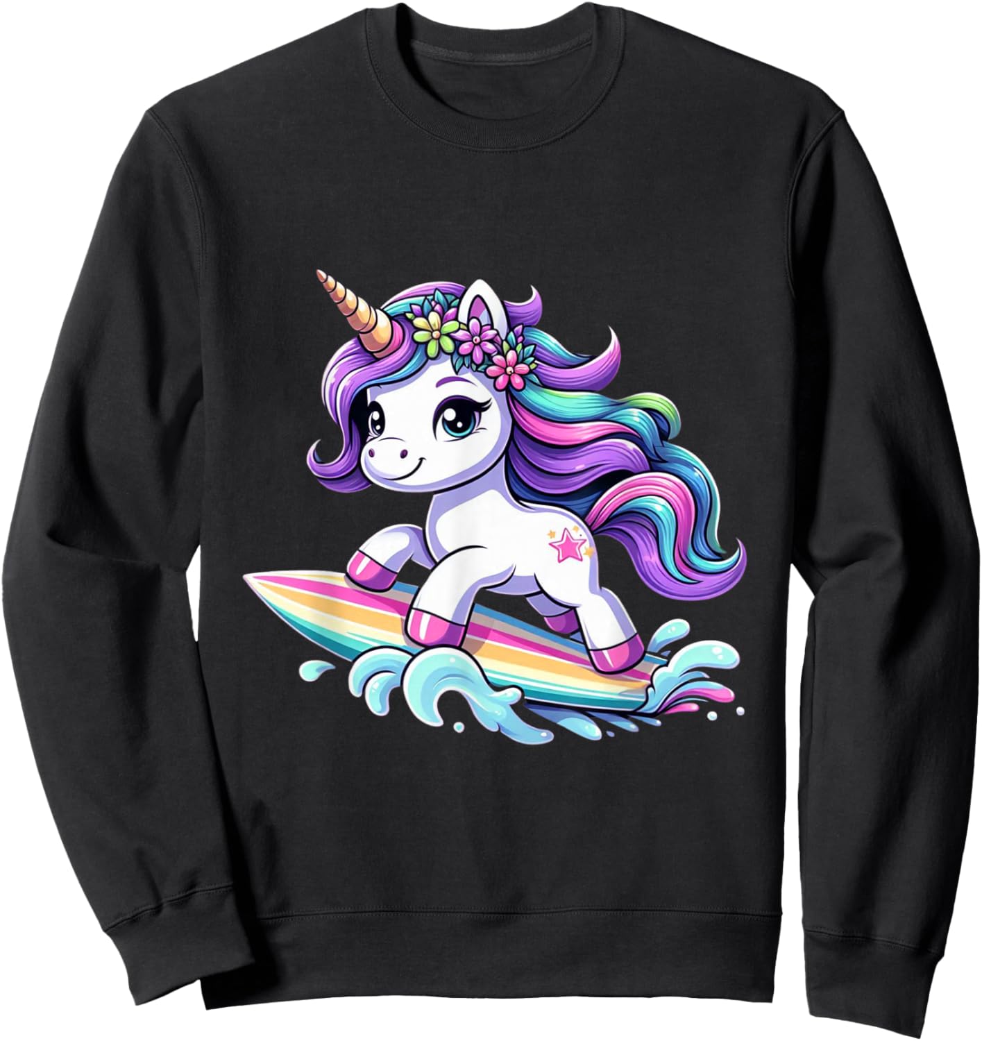 Unicorn Riding Surfboard Boys Girls Women Kids Teens Rainbow Sweatshirt - Sweatshirt | Black