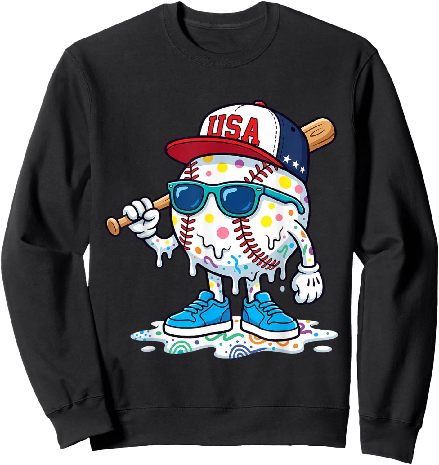 Baseball Drip American Flag for Boys Kids Youth 4th of July Sweatshirt - Sweatshirt | Black