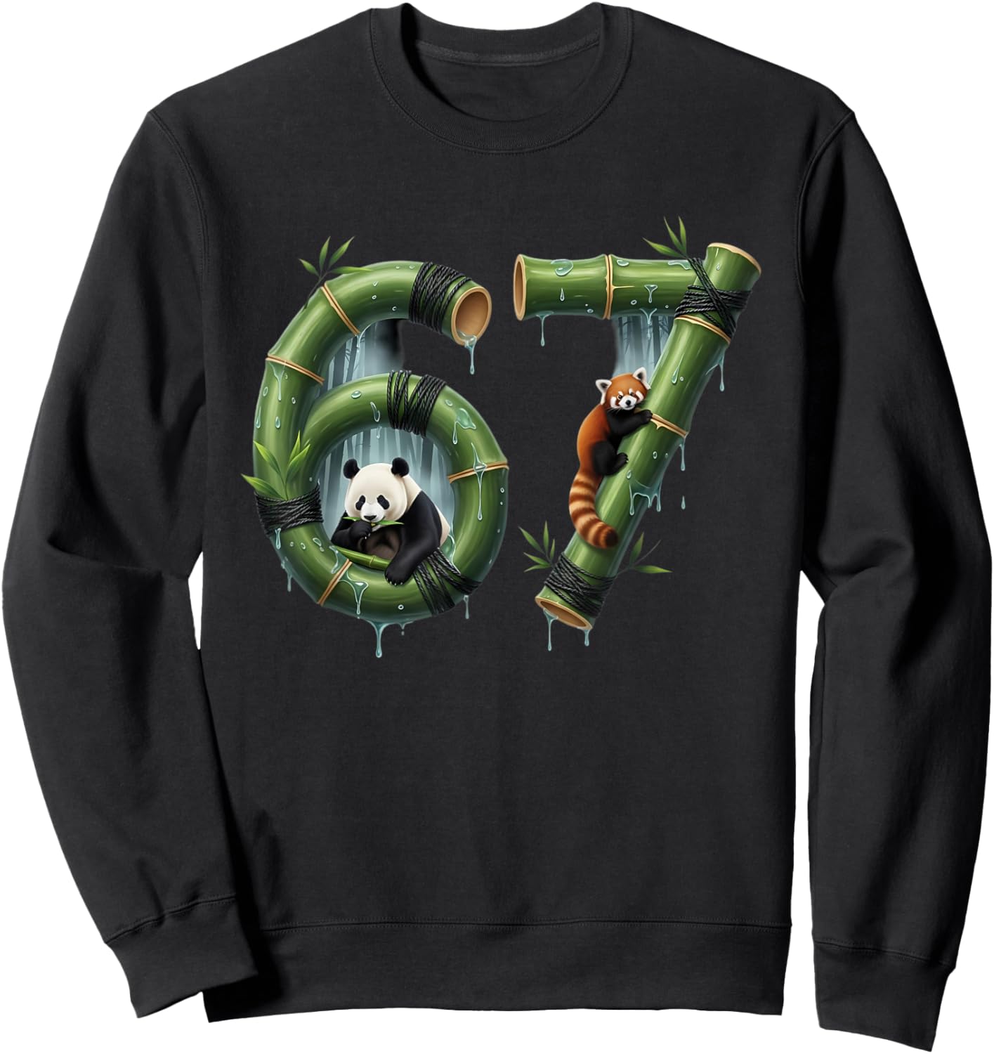Six Seven Bamboo Design Panda Number 67 Jungle Art Sweatshirt - Sweatshirt | Black