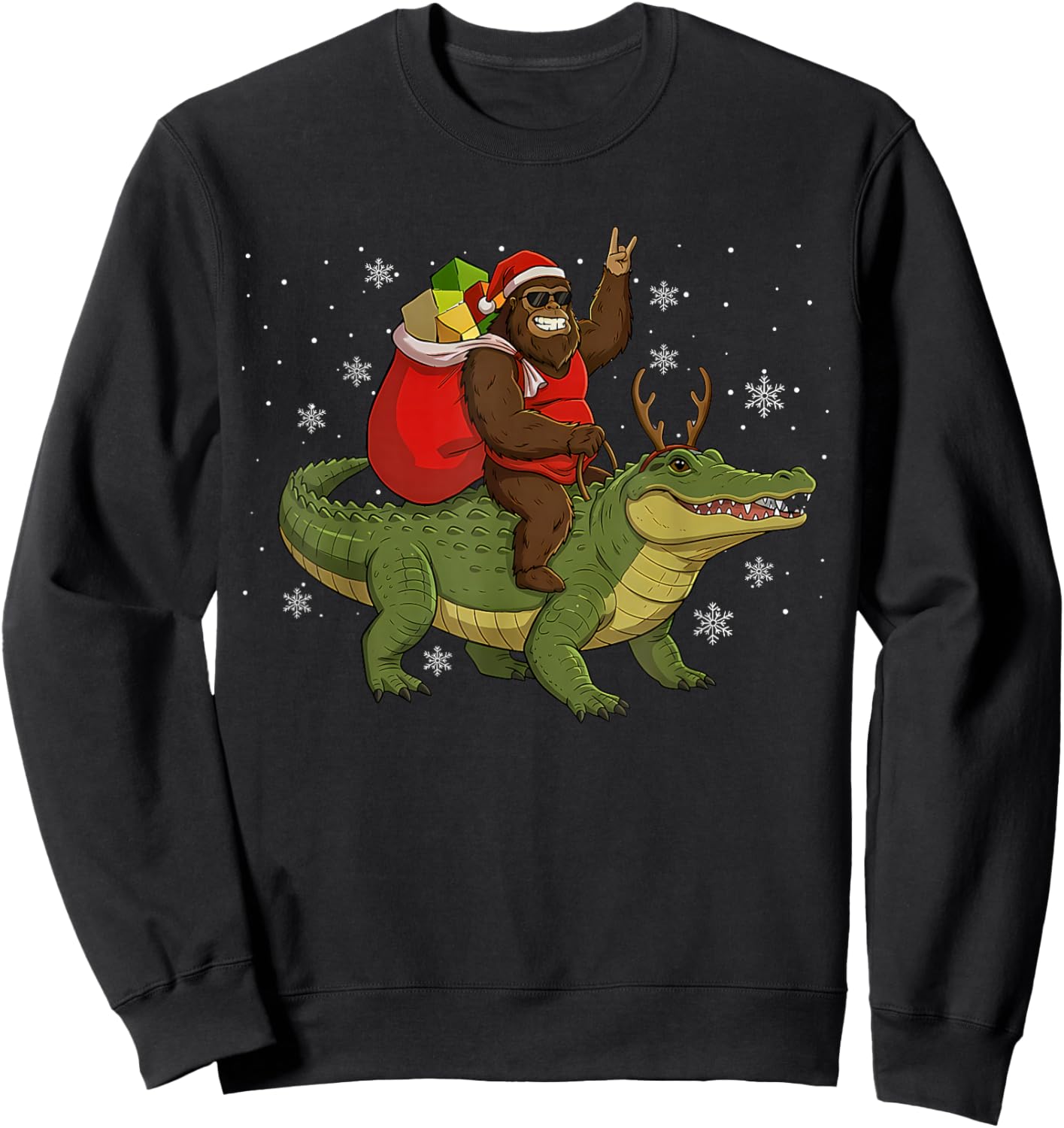 Bigfoot Riding Alligator Deer Xmas Alligator Christmas Sweatshirt - Sweatshirt | Black