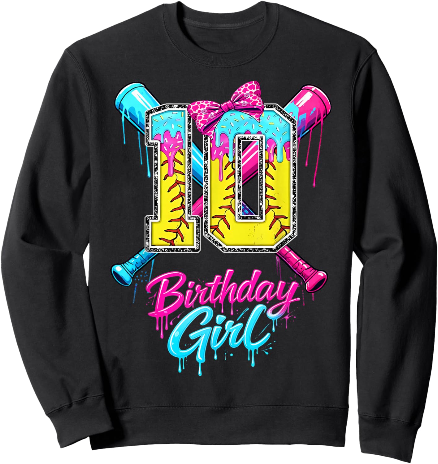 Kids 10th Birthday Girl Softball Ice Cream Drip Coquette Bow Sweatshirt - Sweatshirt | Black
