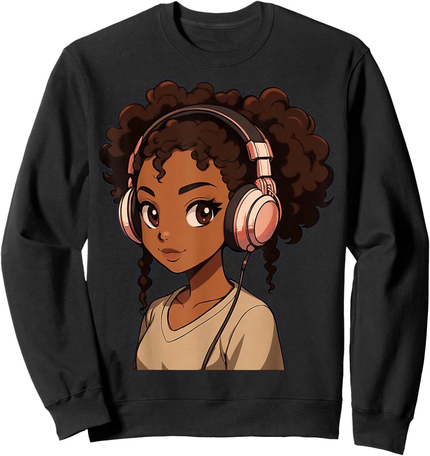 Anime Girl with Headphones Illustration Sweatshirt - Sweatshirt | Black