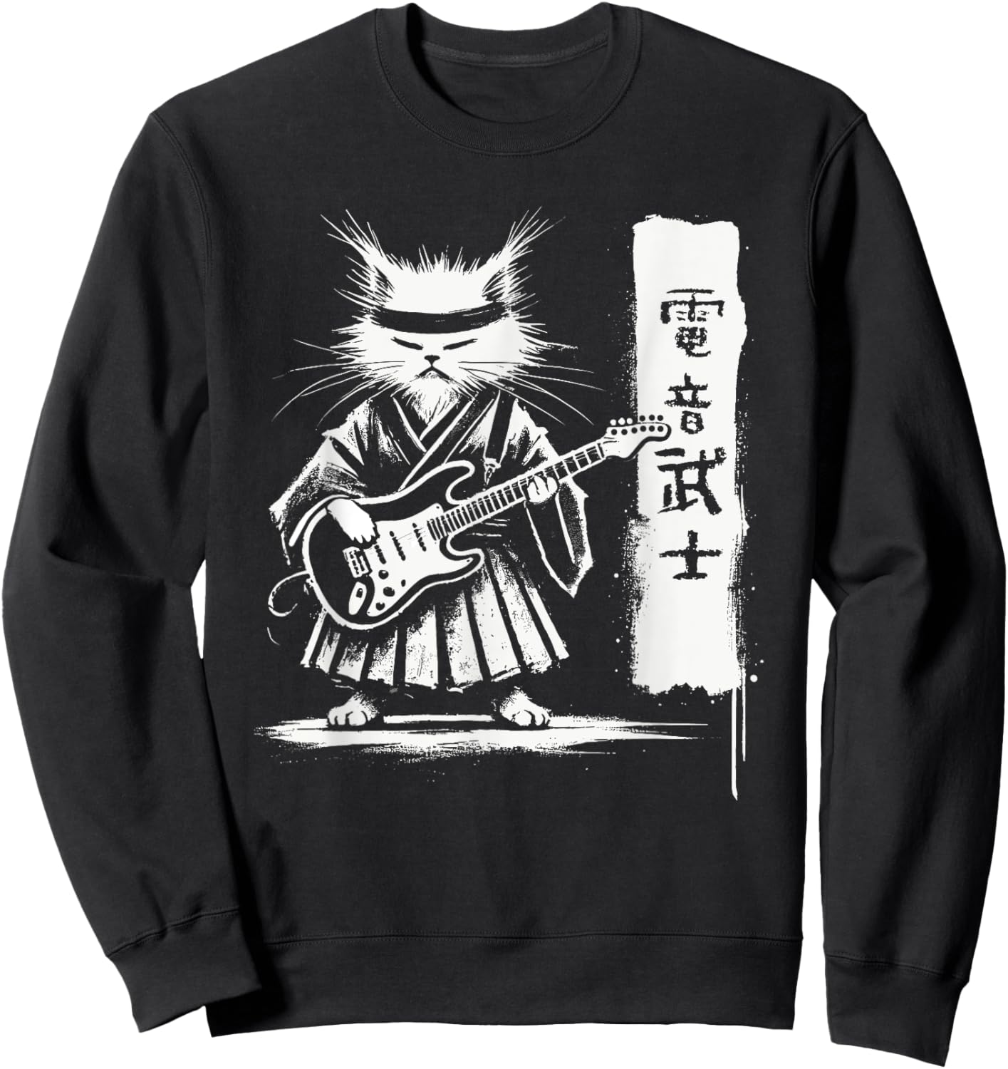 Samurai Japanese Kawaii Rock Music Men Kids Women Cat Guitar Sweatshirt - Sweatshirt | Black