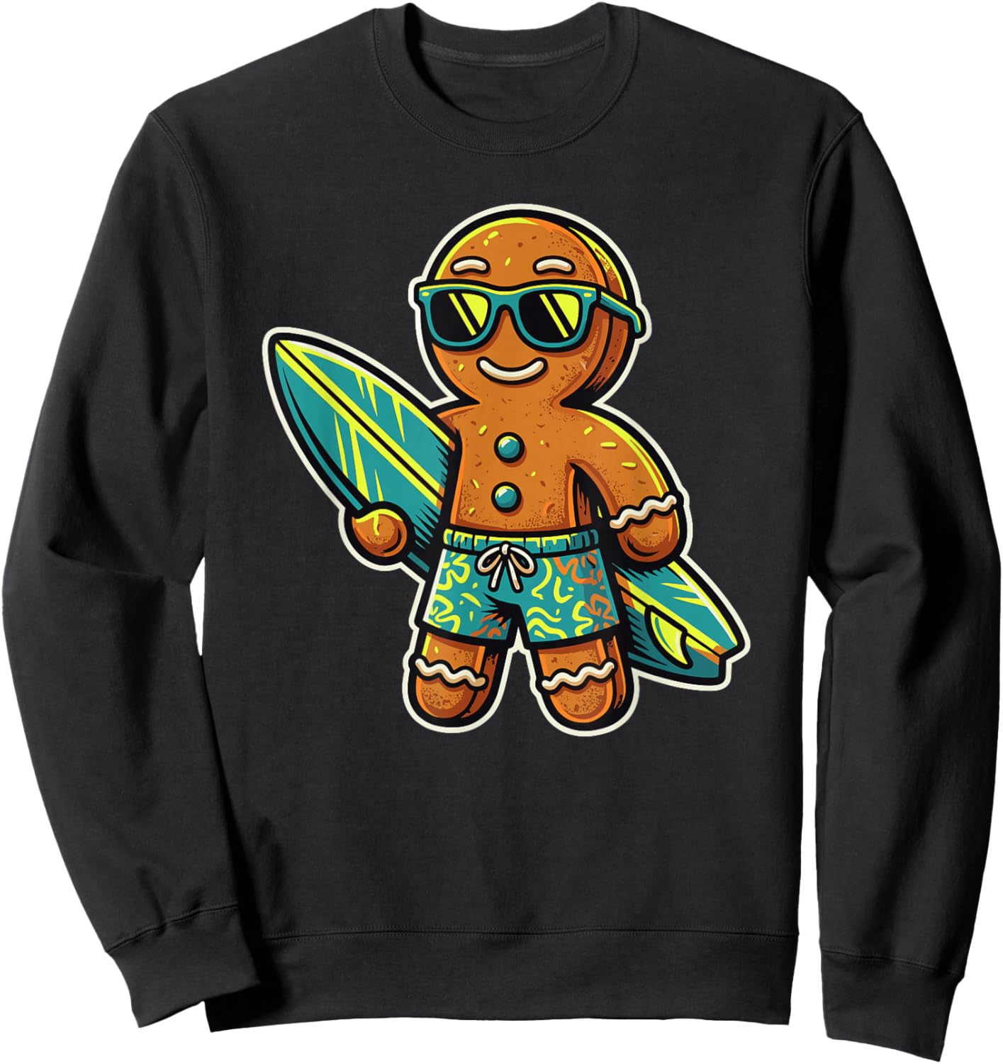 Gingerbread Surfeur, Noël au Soleil, Tropiques, Humour Sweatshirt - Sweatshirt | Black