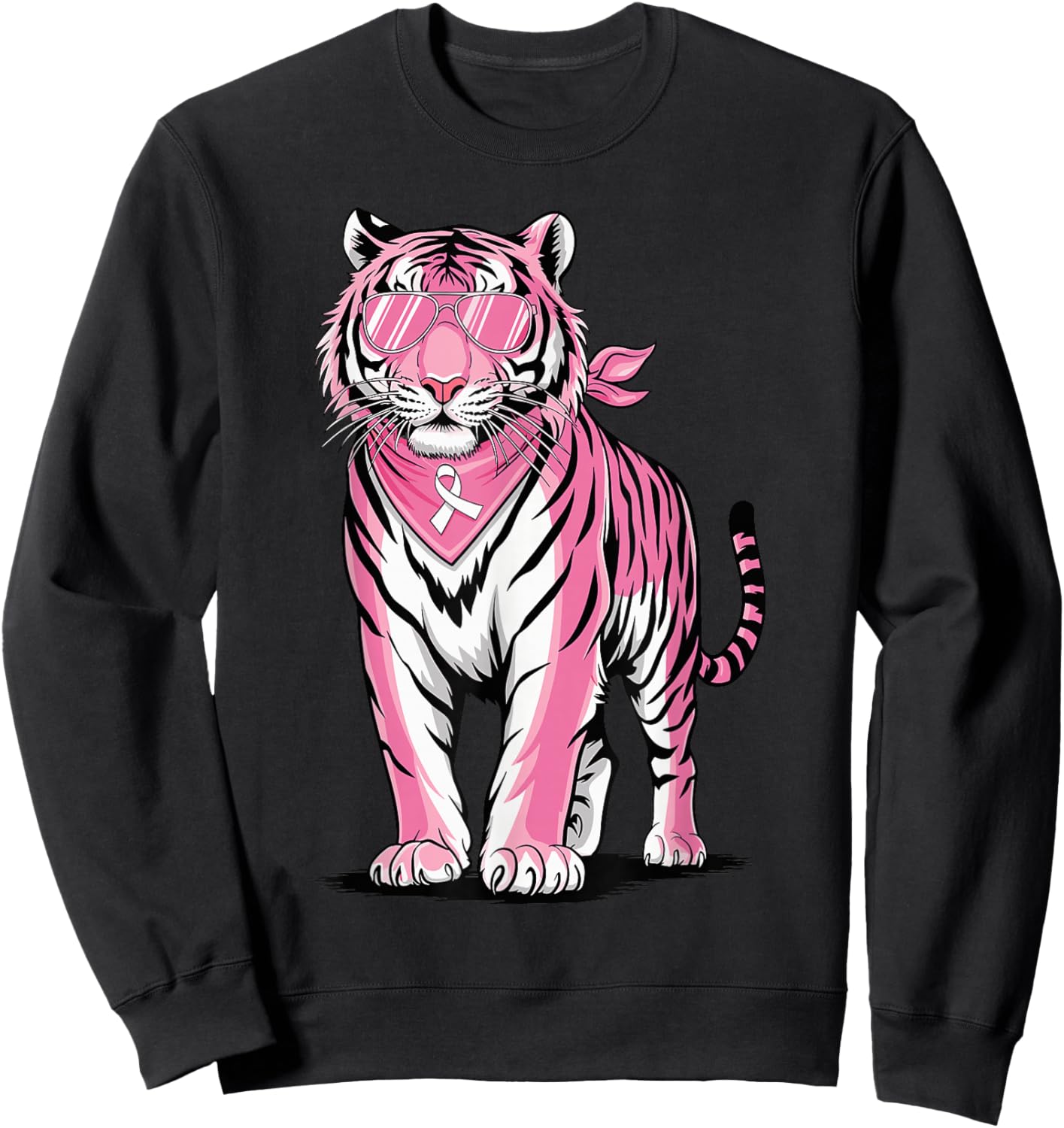 Pink Tiger with Sunglasses Bandana Breast Cancer Awareness Sweatshirt - Sweatshirt | Black