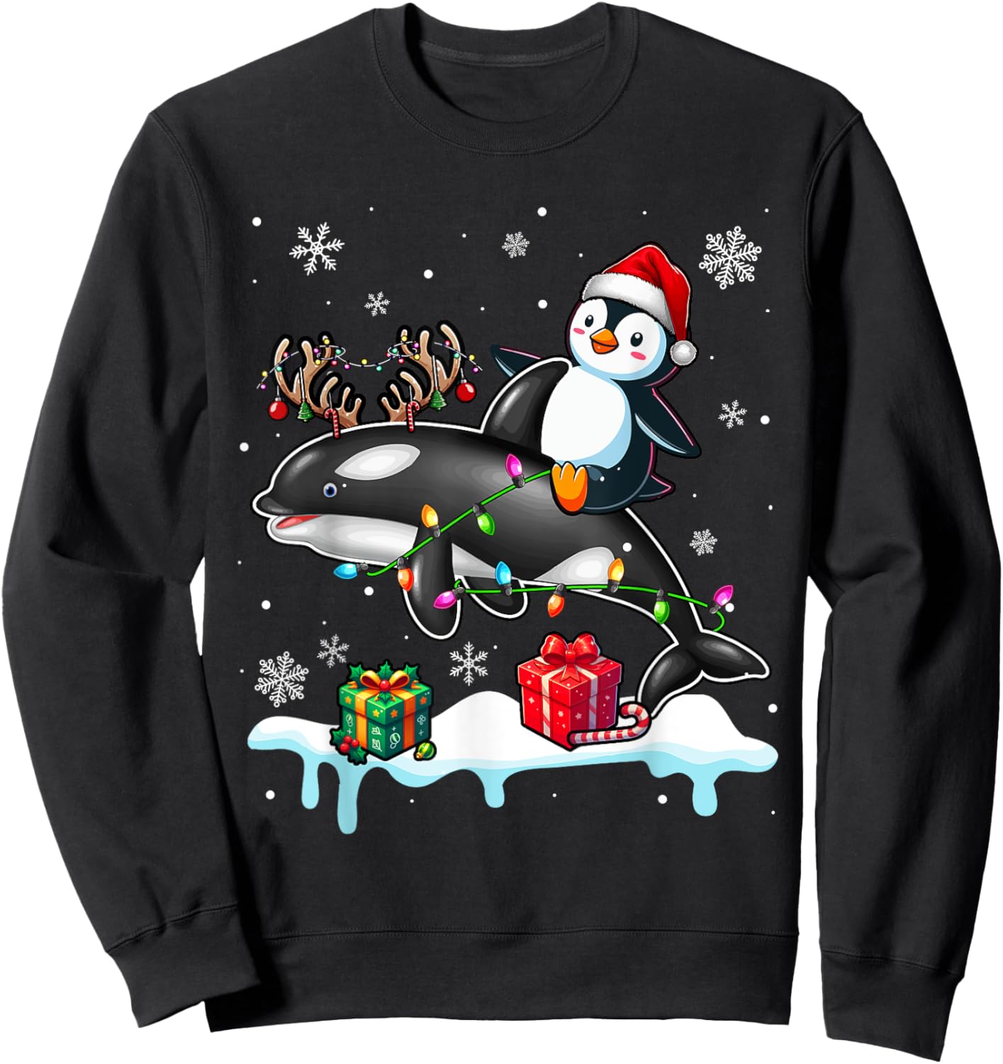 Christmas Santa Penguin Riding Reindeer Orca Lover Kids Sweatshirt - Sweatshirt | Black