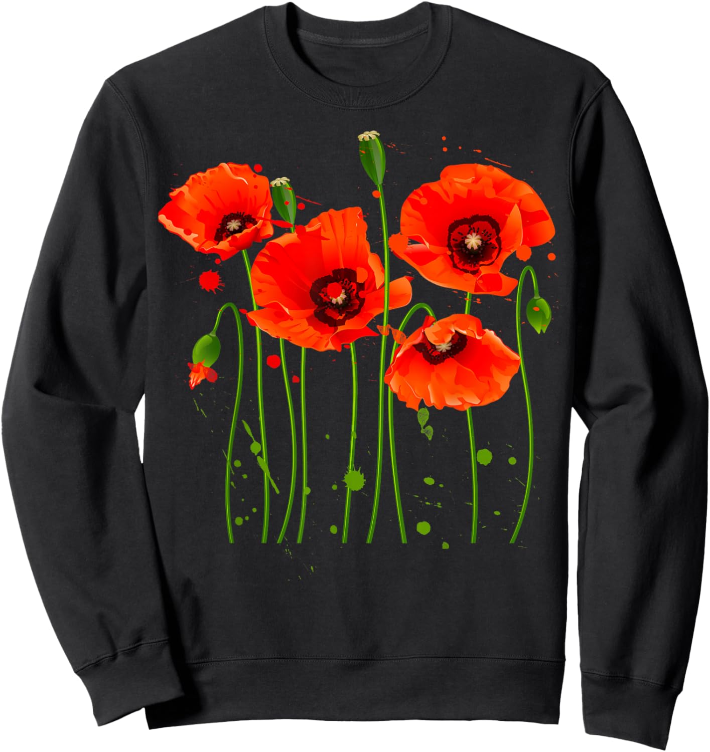 Watercolor Red Poppy Floral Garden Lover Botanical Plants Sweatshirt - Sweatshirt | Black