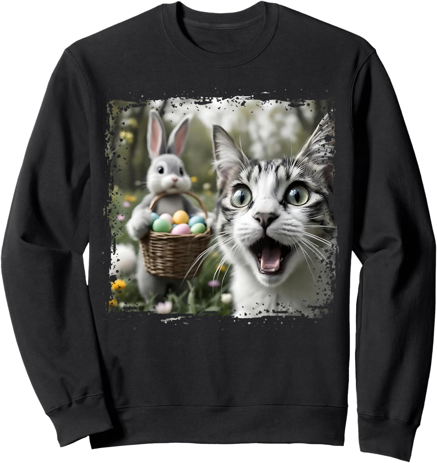 Funny Easter Cat Selfie with Easter Bunny Adults Kids Easter Sweatshirt - Sweatshirt | Black