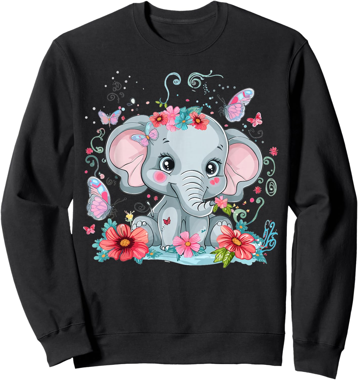Cute Elephant with Flowers I Kids Elephant Sweatshirt - Sweatshirt | Black