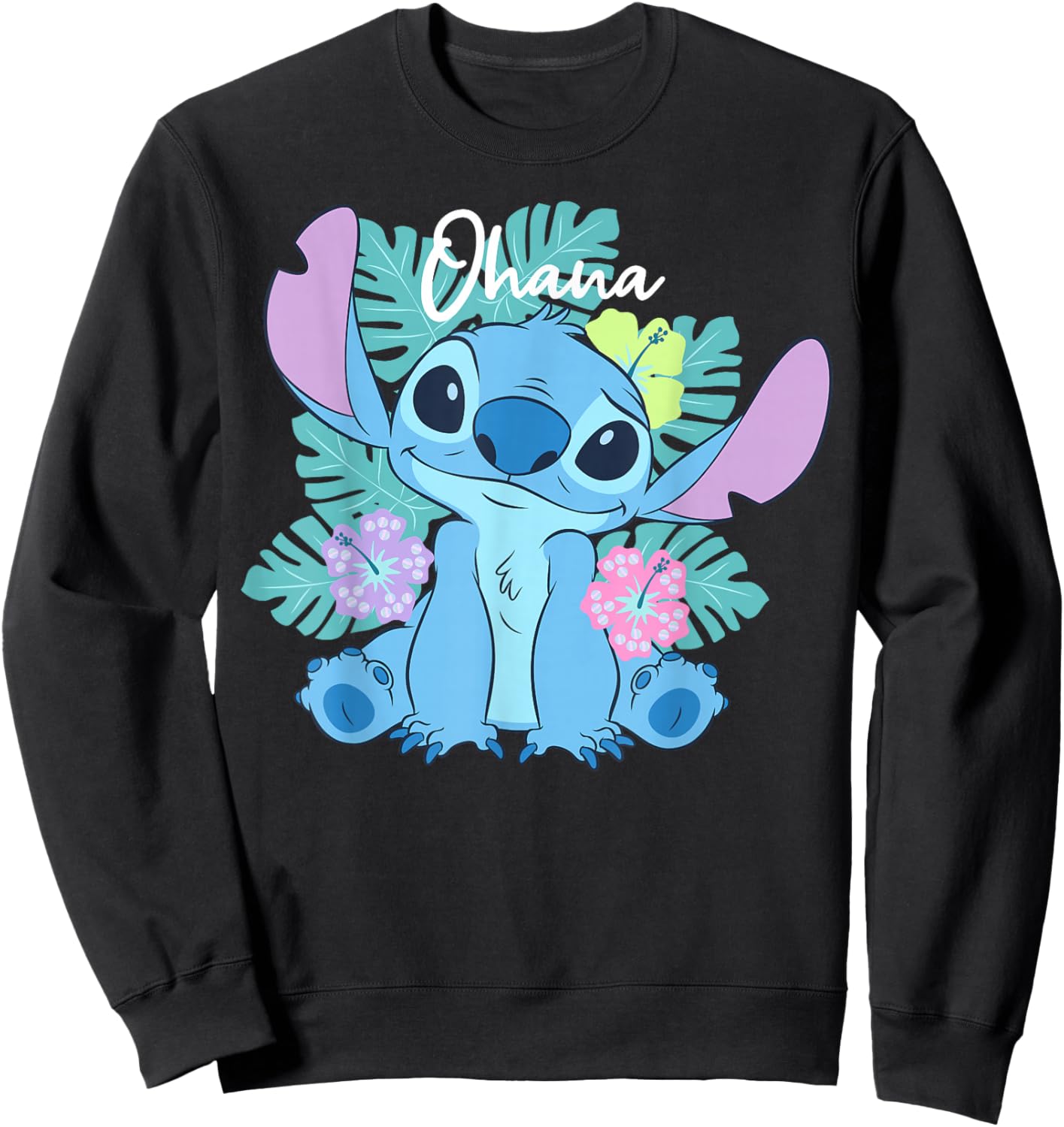 Disney Lilo & Stitch Ohana Adorable Pose Floral Logo Sweatshirt - Sweatshirt | Black