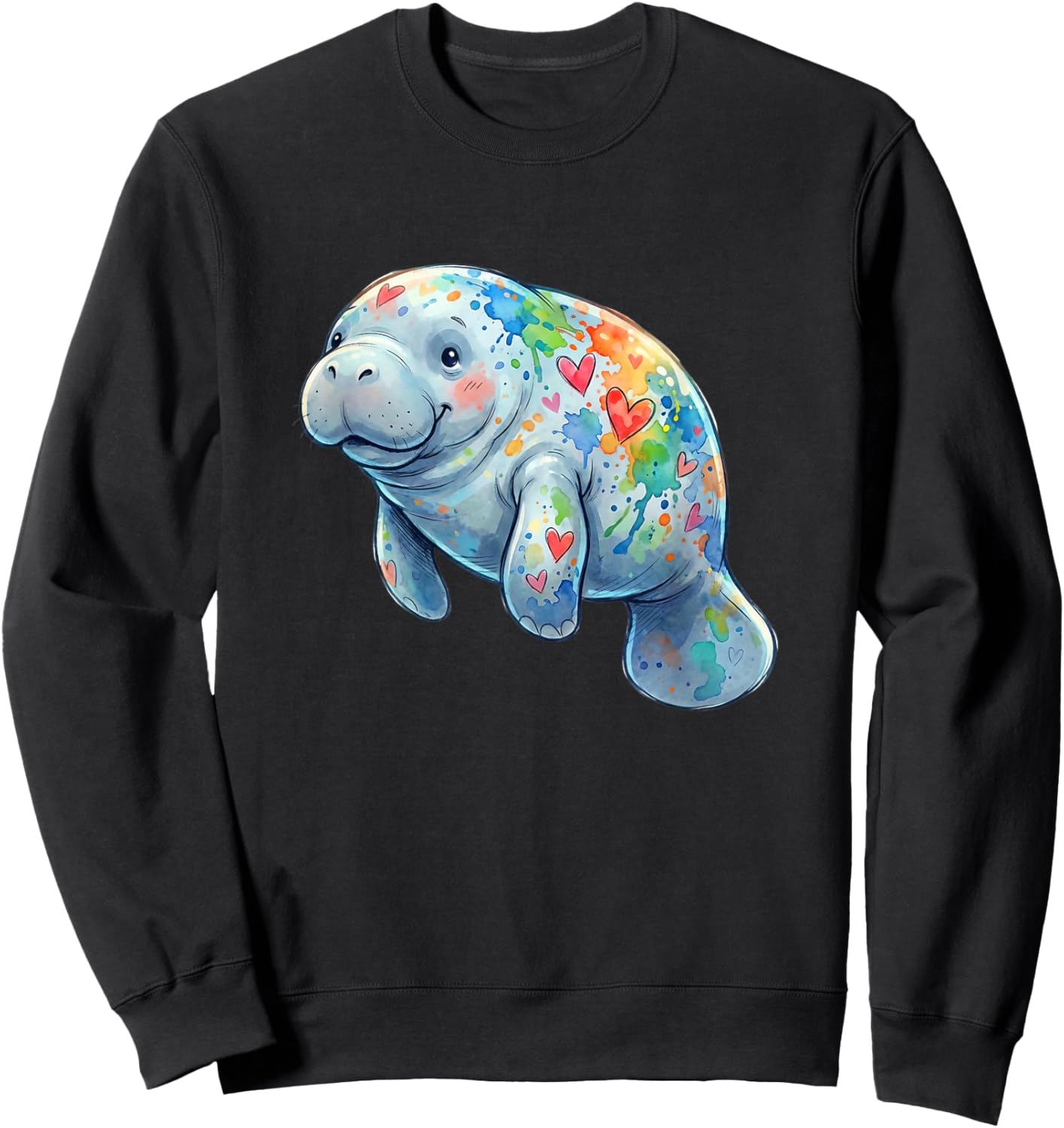 Colorful Cute Manatee with Rainbow Hearts Love Sweatshirt - Sweatshirt | Black