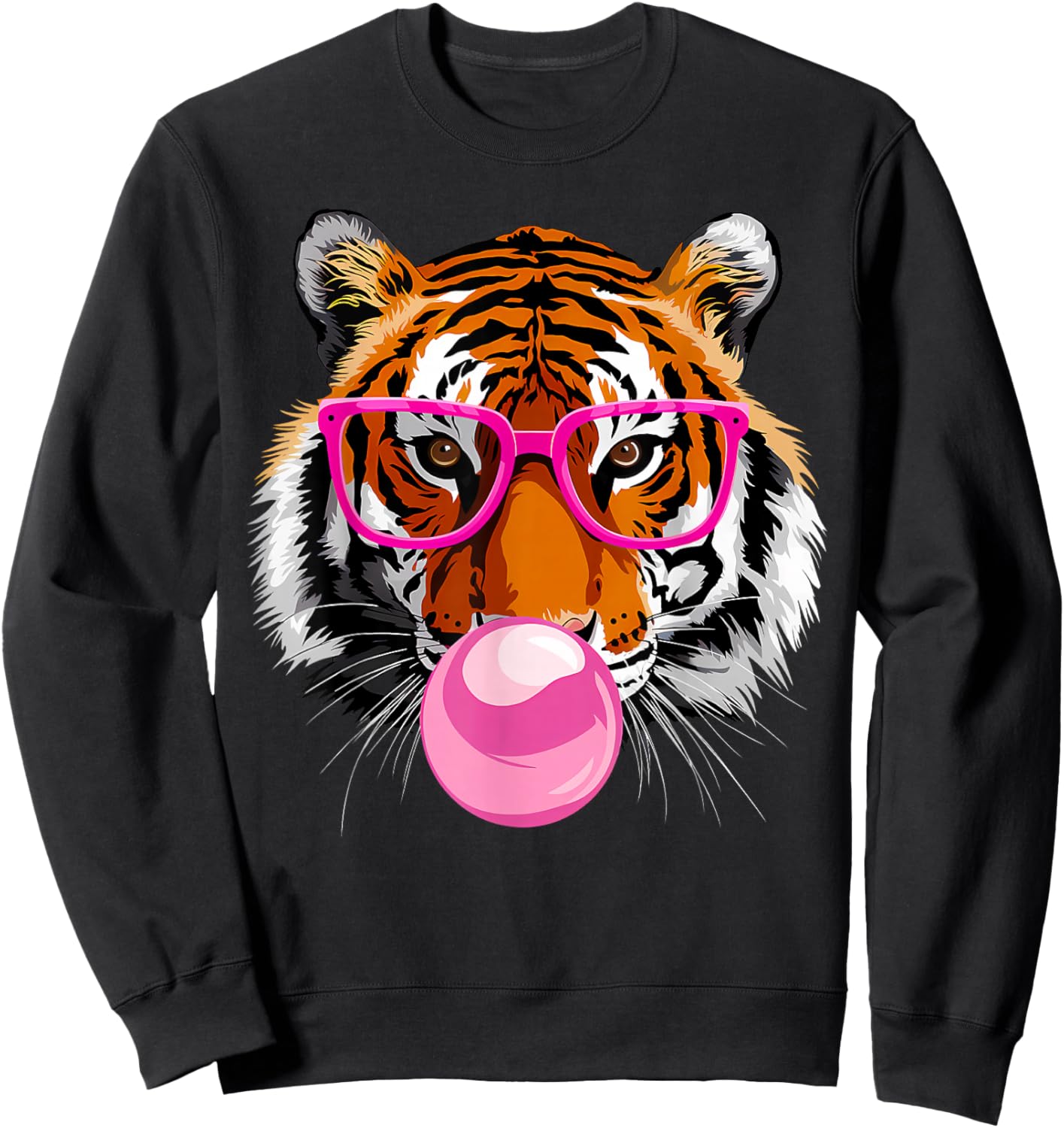 Funny Tiger Wearing Glasses and Blowing Pink Bubble Gum Sweatshirt - Sweatshirt | Black