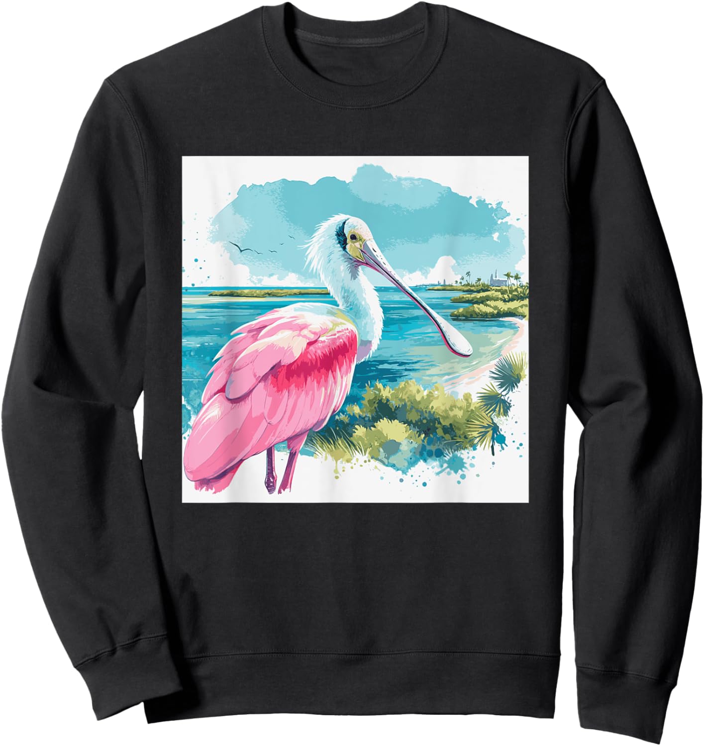 Roseate Spoonbill watercolor art in tropical setting Sweatshirt - Sweatshirt | Black