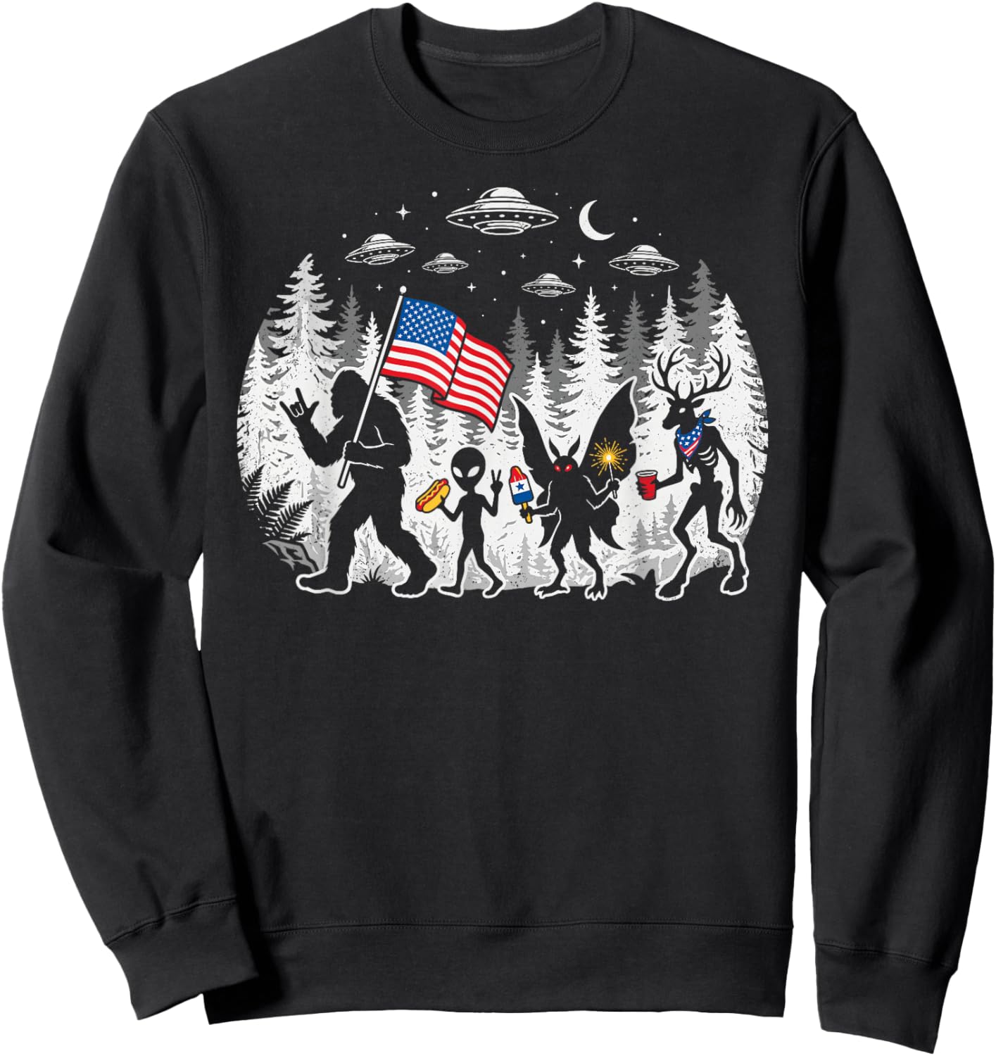 Funny Bigfoot Alien Patriotic 4th of July UFO Forest Sweatshirt - Sweatshirt | Black