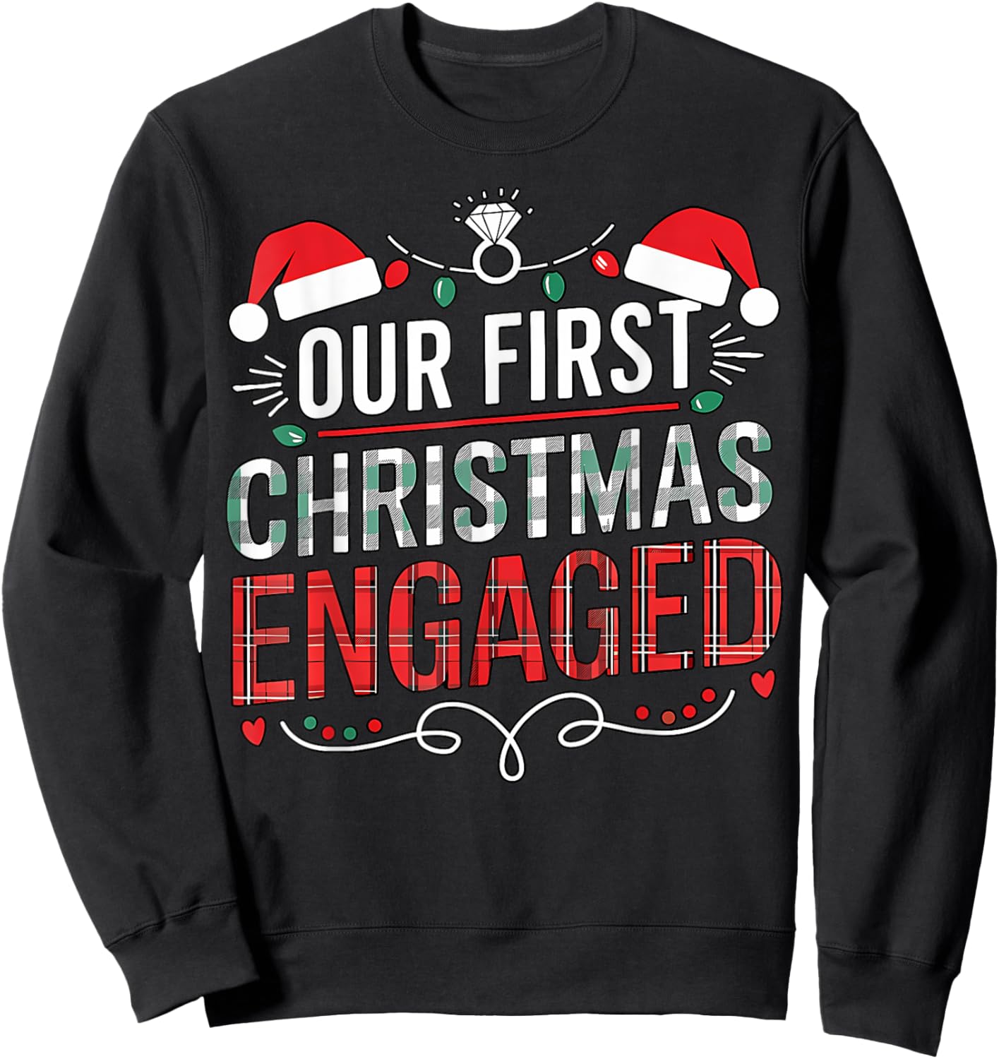 Our First Christmas Engaged 2024 Black Adult Christmas Couple Matching Sweatshirt - Sweatshirt | Black