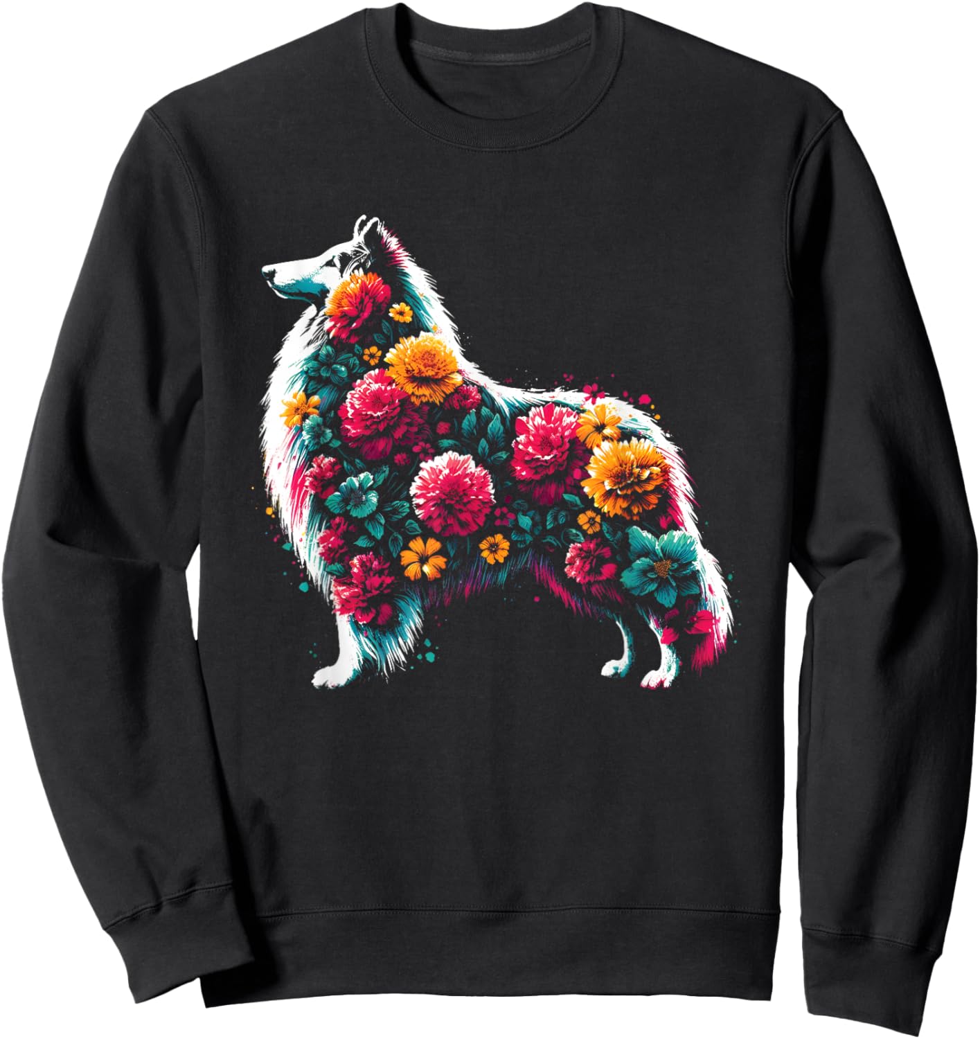 Floral Rough Collie - Vintage Flowers Collie Dog Lover Sweatshirt - Sweatshirt | Black