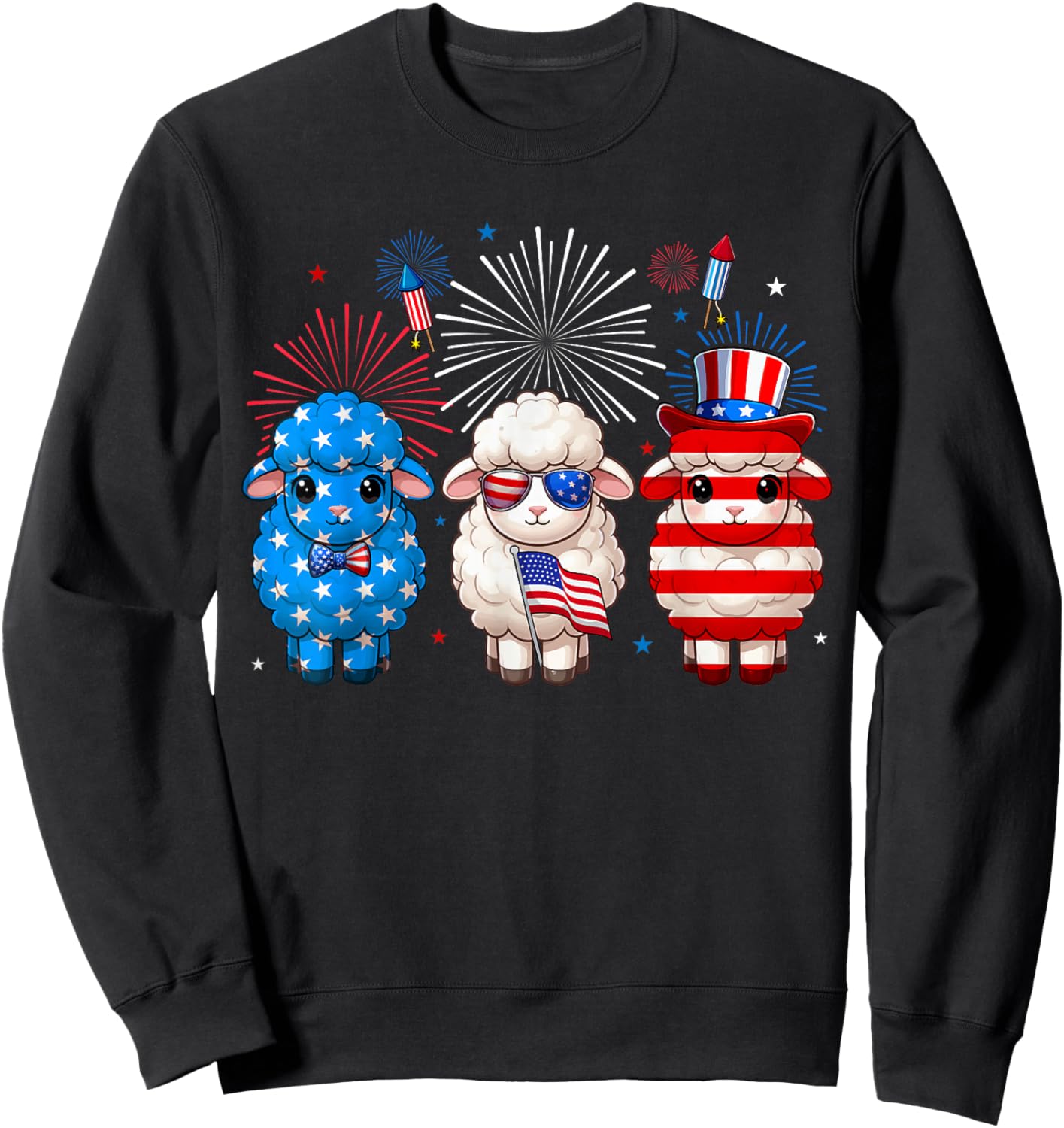 Three Red Blue White Cute Sheeps 4th Of July Farmer Rancher Sweatshirt - Sweatshirt | Black