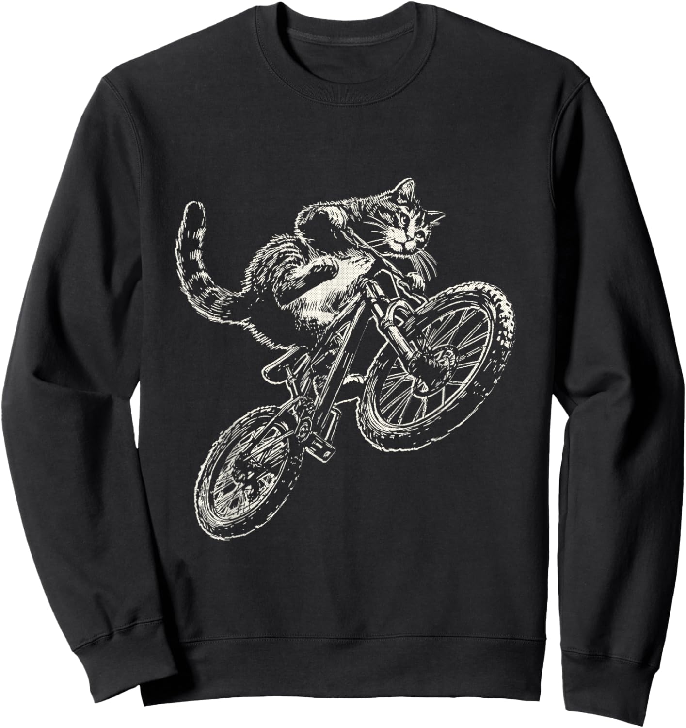 Cat Doing Wheelie on Mountain Bike Funny Cycling Art Sweatshirt - Sweatshirt | Black