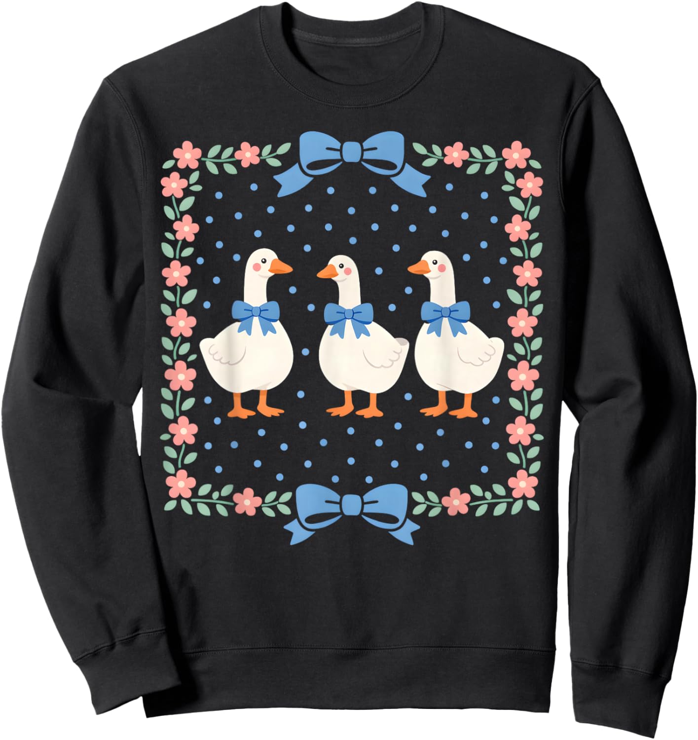 Vintage Country Geese and Flowers Bows 80s 90s Style Goose Sweatshirt - Sweatshirt | Black