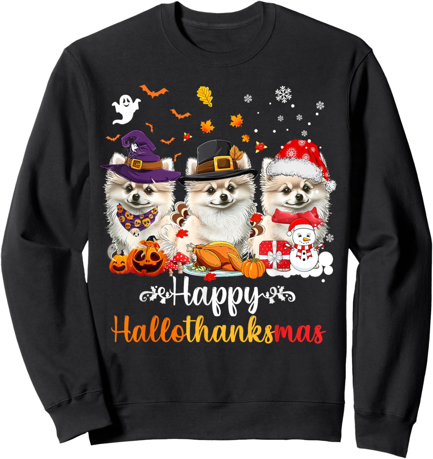 Happy Hallothanksmas Pomeranian Dog Halloween Christmas Men Women Kids Sweatshirt - Sweatshirt | Black