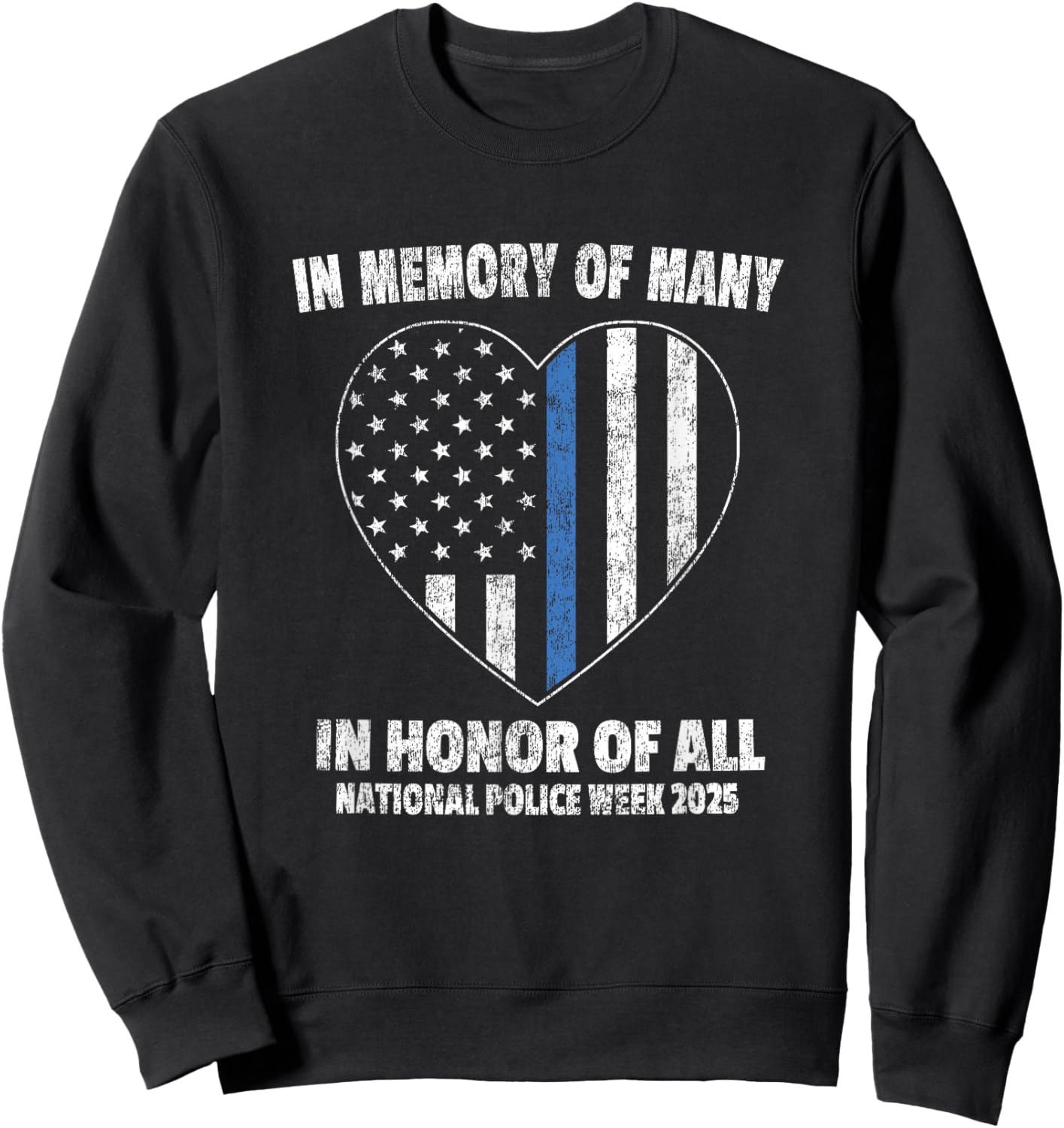 National Police Week 2025 - Blue Line American Flag Heart Sweatshirt - Sweatshirt | Black