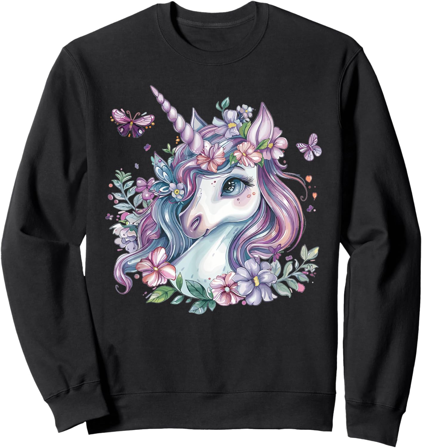 Cute Unicorn With Flowers I Kids Unicorn Sweatshirt - Sweatshirt | Black