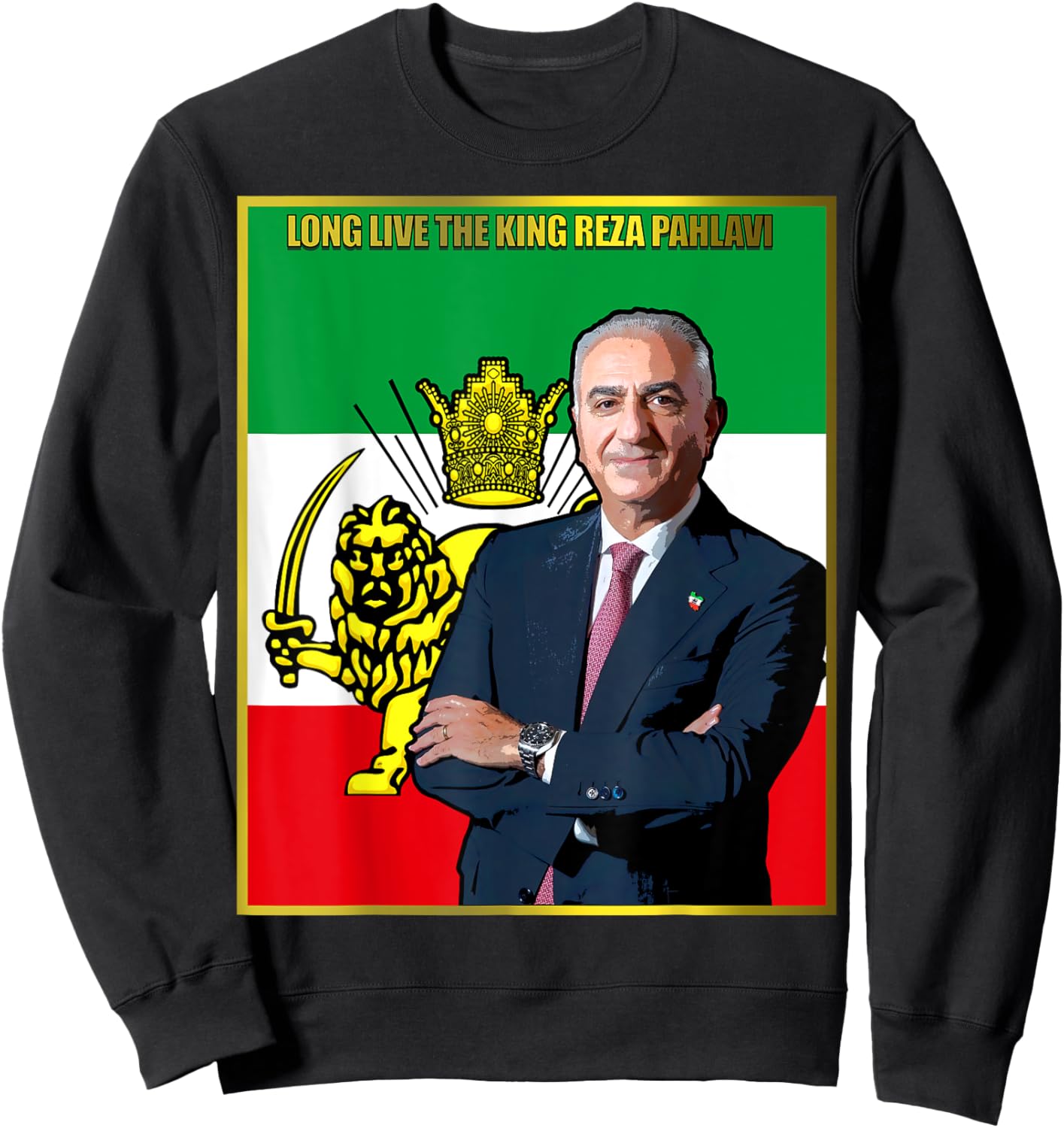 King Reza Pahlavi with flag Sweatshirt - Sweatshirt | Black