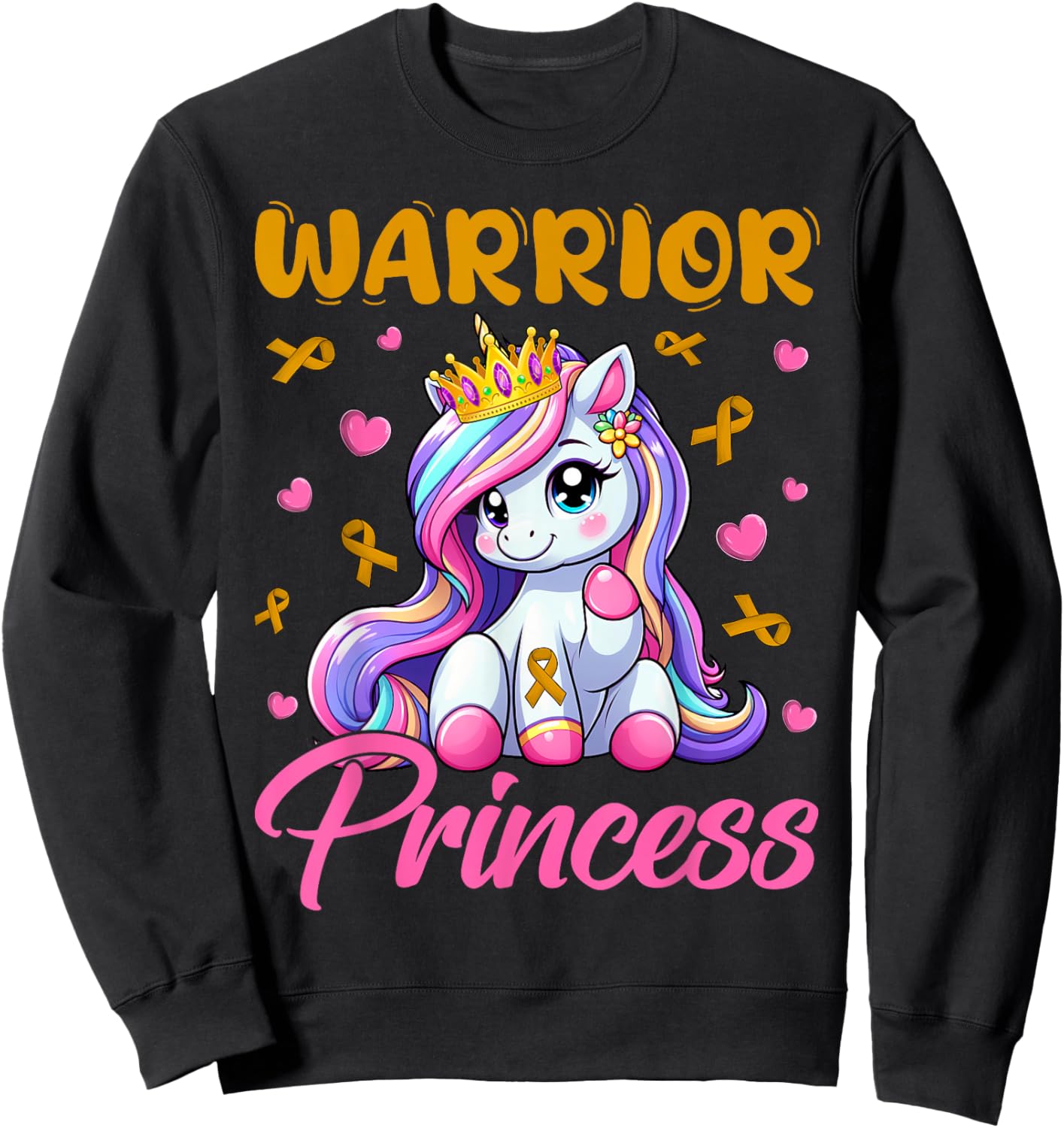 Childhood Cancer Awareness Warrior Princess Unicorn Girls Sweatshirt - Sweatshirt | Black