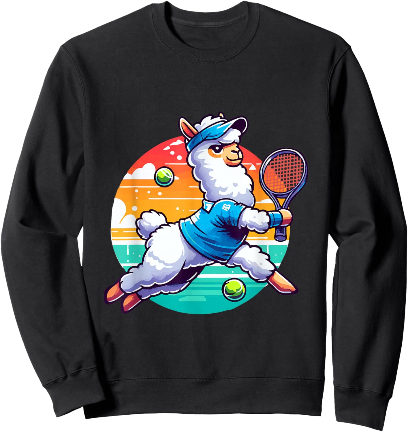 Llama Playing Tennis in Front of a Sunset Sweatshirt - Sweatshirt | Black