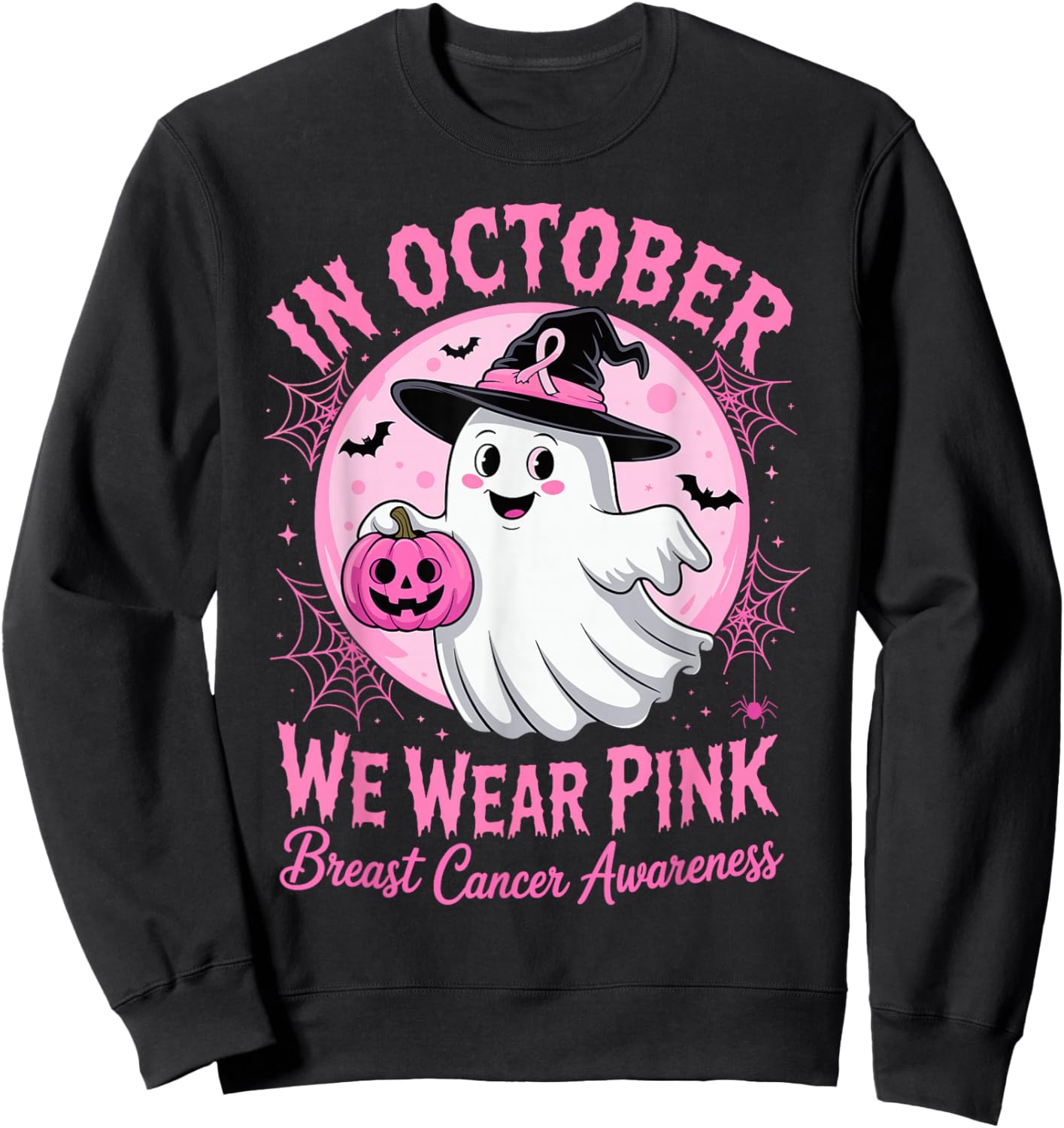 in October We Wear Pink Ghost Pumpkin Breast Cancer Survivor Sweatshirt - Sweatshirt | Black