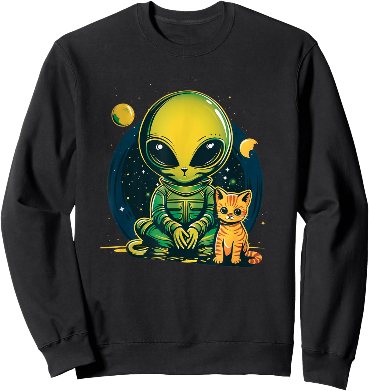Alien And Cat Funny Cat Selfie With Alien Vintage Ufo Funny Sweatshirt - Sweatshirt | Black