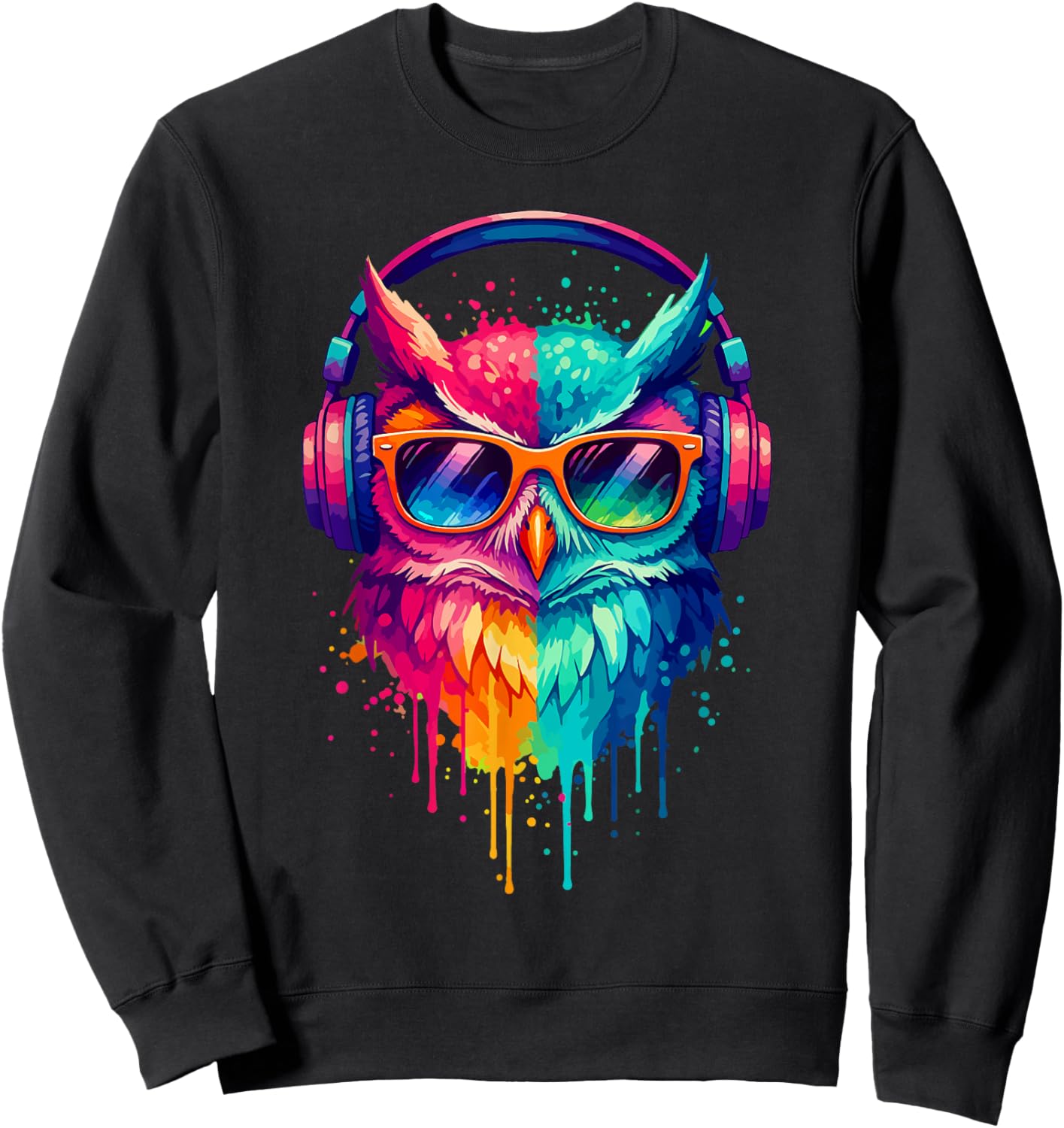 Owl Wearing Headphones and Sunglasses EDM Rave Design Sweatshirt - Sweatshirt | Black