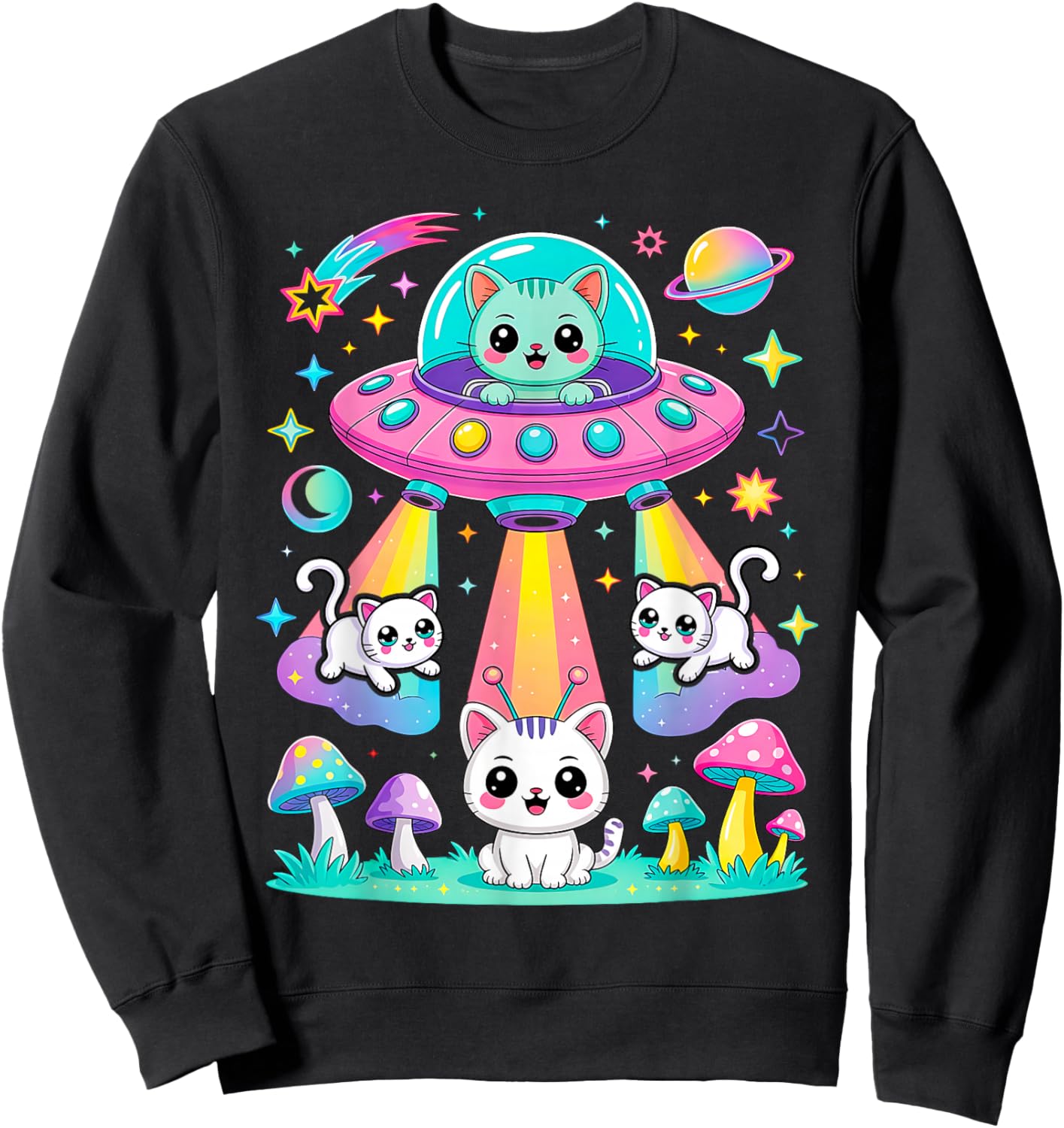 Funny Cat UFO Cute Kitty Space Spaceship Alien Aesthetic Sweatshirt - Sweatshirt | Black