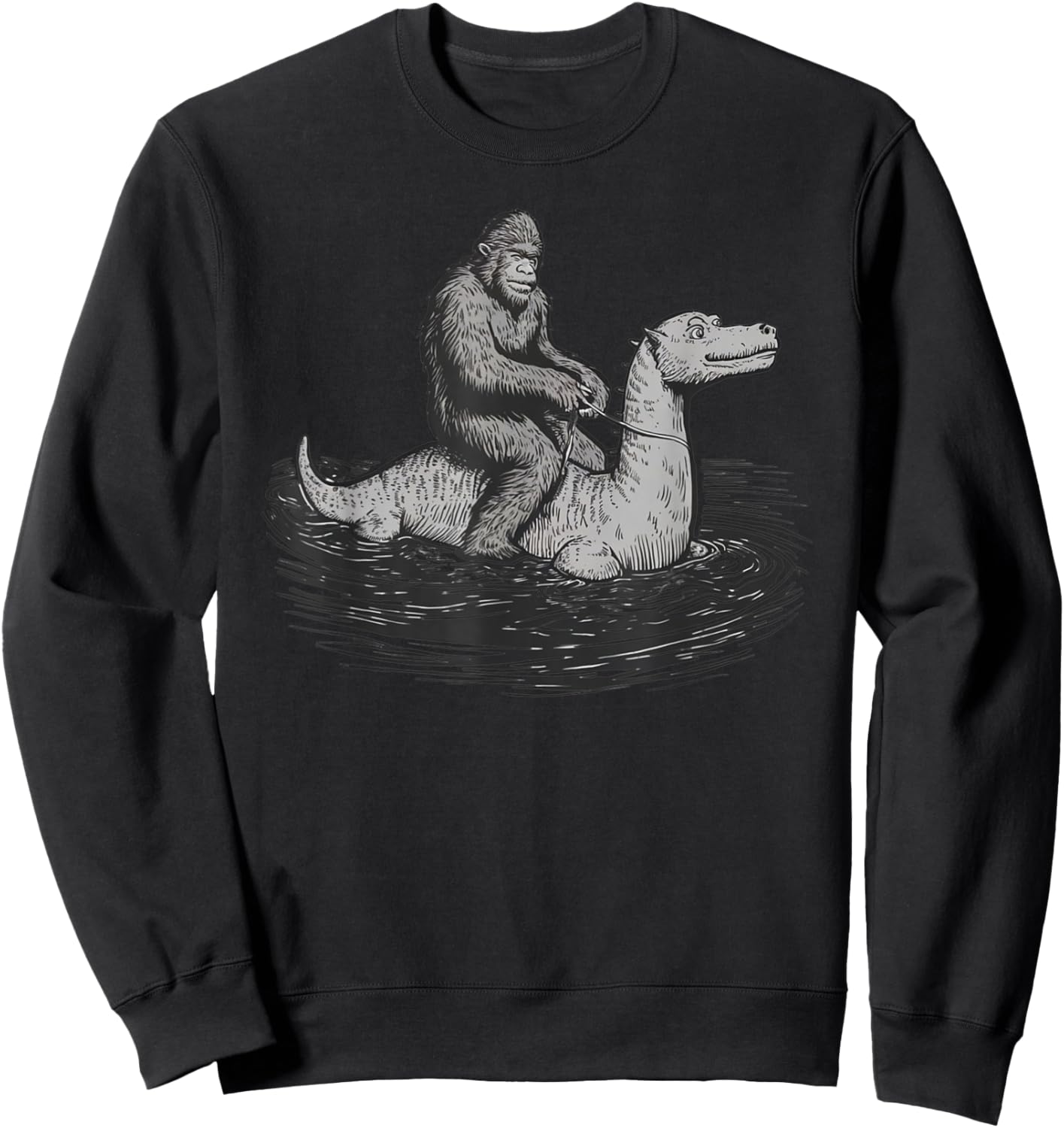 Bigfoot Sasquatch Riding The Loch Ness Monster Funny BigFoot Sweatshirt - Sweatshirt | Black