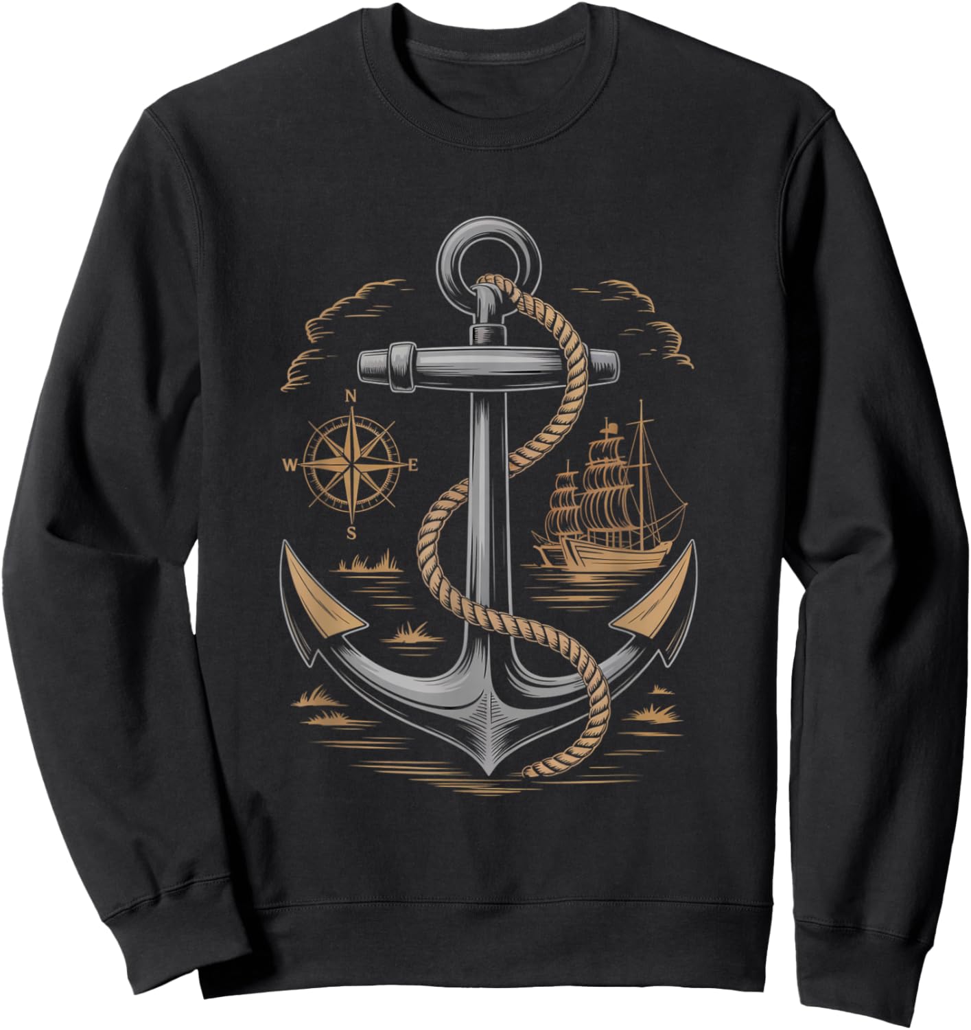 Vintage Anchor Compass Sailing Ship Nautical Maritime Sea Sweatshirt - Sweatshirt | Black