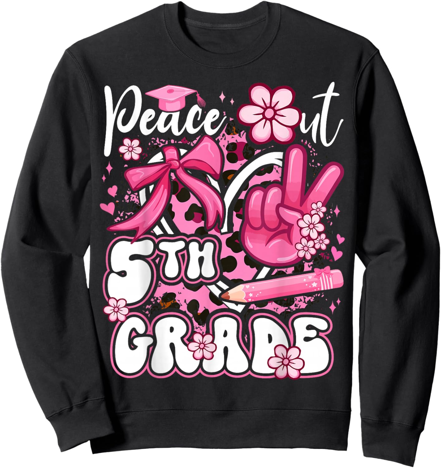 Peace Out 5th Grade Pink Coquette Bow Leopard Graduation Sweatshirt - Sweatshirt | Black