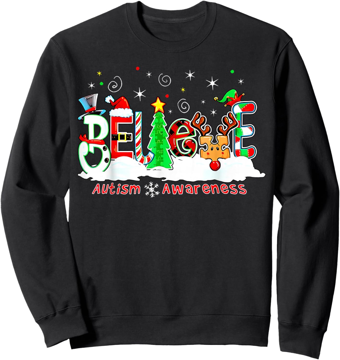 Believe Autism Awareness Christmas Tree Light Santa Reindeer Sweatshirt - Sweatshirt | Black