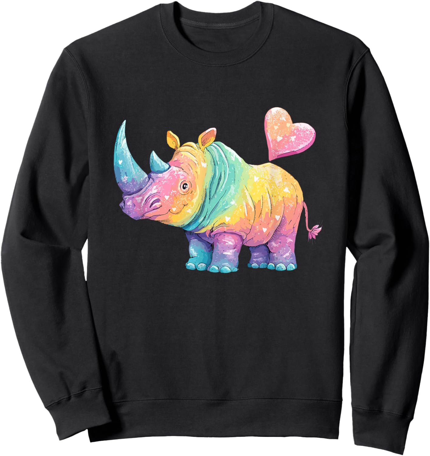 Cute Pastel Rainbow Rhino with Heart Love Sweatshirt - Sweatshirt | Black