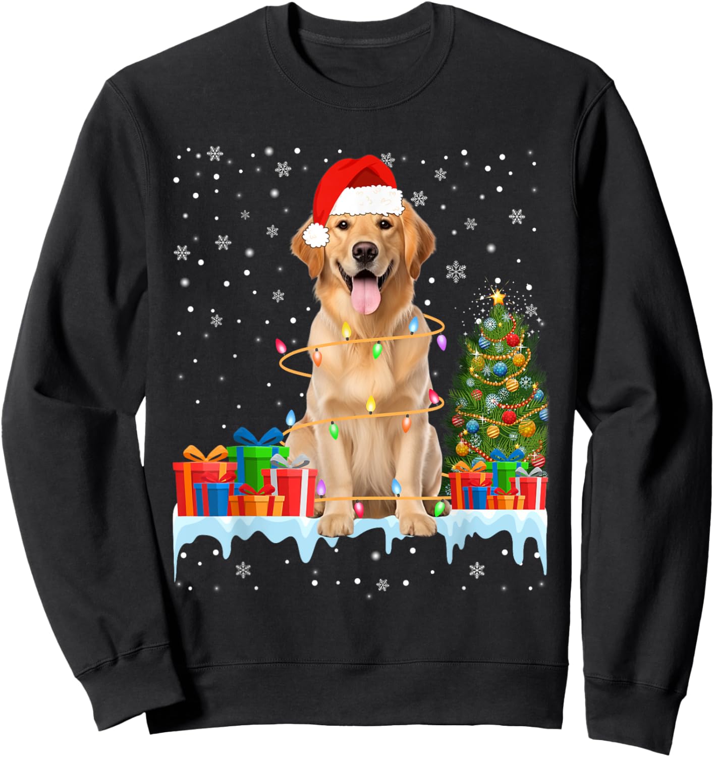 Santa Golden Retriever Dog Christmas Lights Xmas Pajamas Men Women Kids Sweatshirt - Sweatshirt | Black